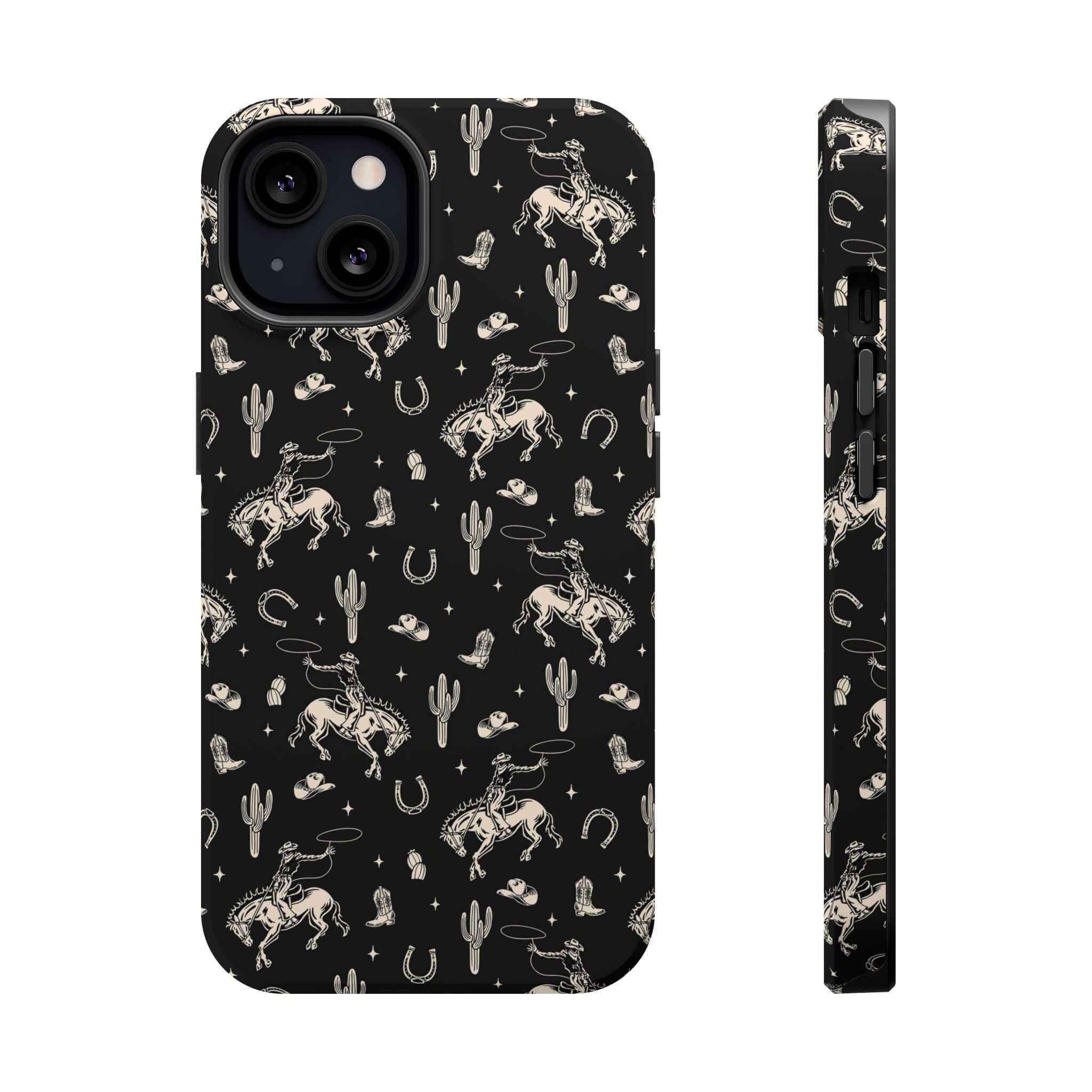 Cute iPhone case with black western design, featuring cowgirl and horses, offering free shipping. Shop Twilight Cowgirl collection today.