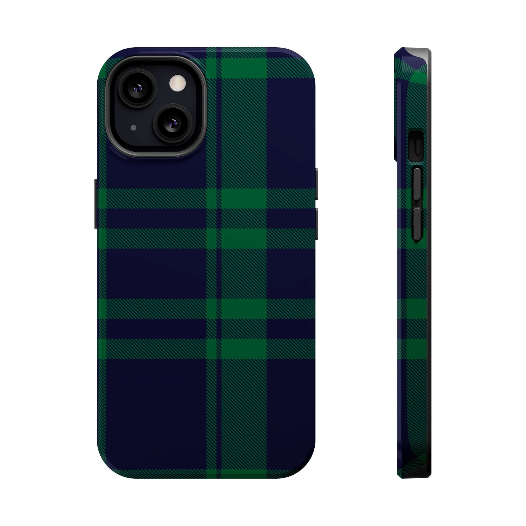 Mistletoe Plaid MagSafe Case features a festive green and navy plaid design, perfect for a cute phone cover this holiday season.