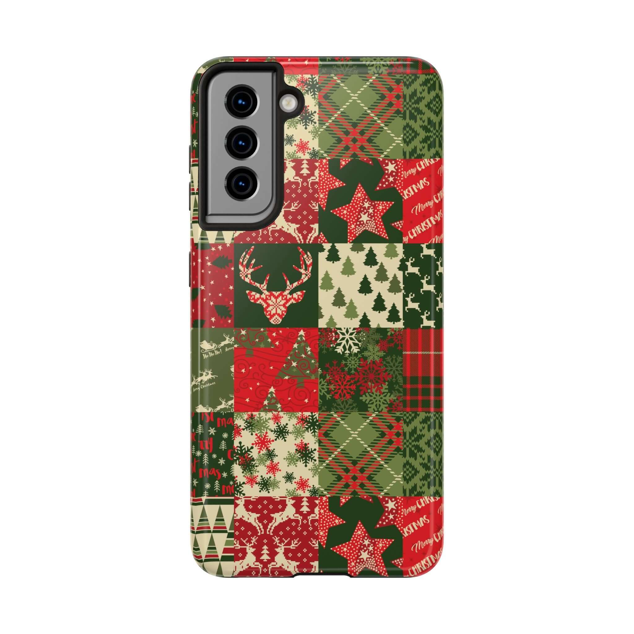 Cozy Quiltmas green holiday case with Christmas trees, reindeer, and snowflakes, perfect cute iPhone case design.