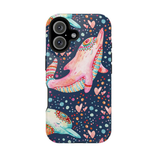 Colorful Ocean of Love phone case featuring playful dolphins and hearts, perfect cute phone cover for Apple iPhone.