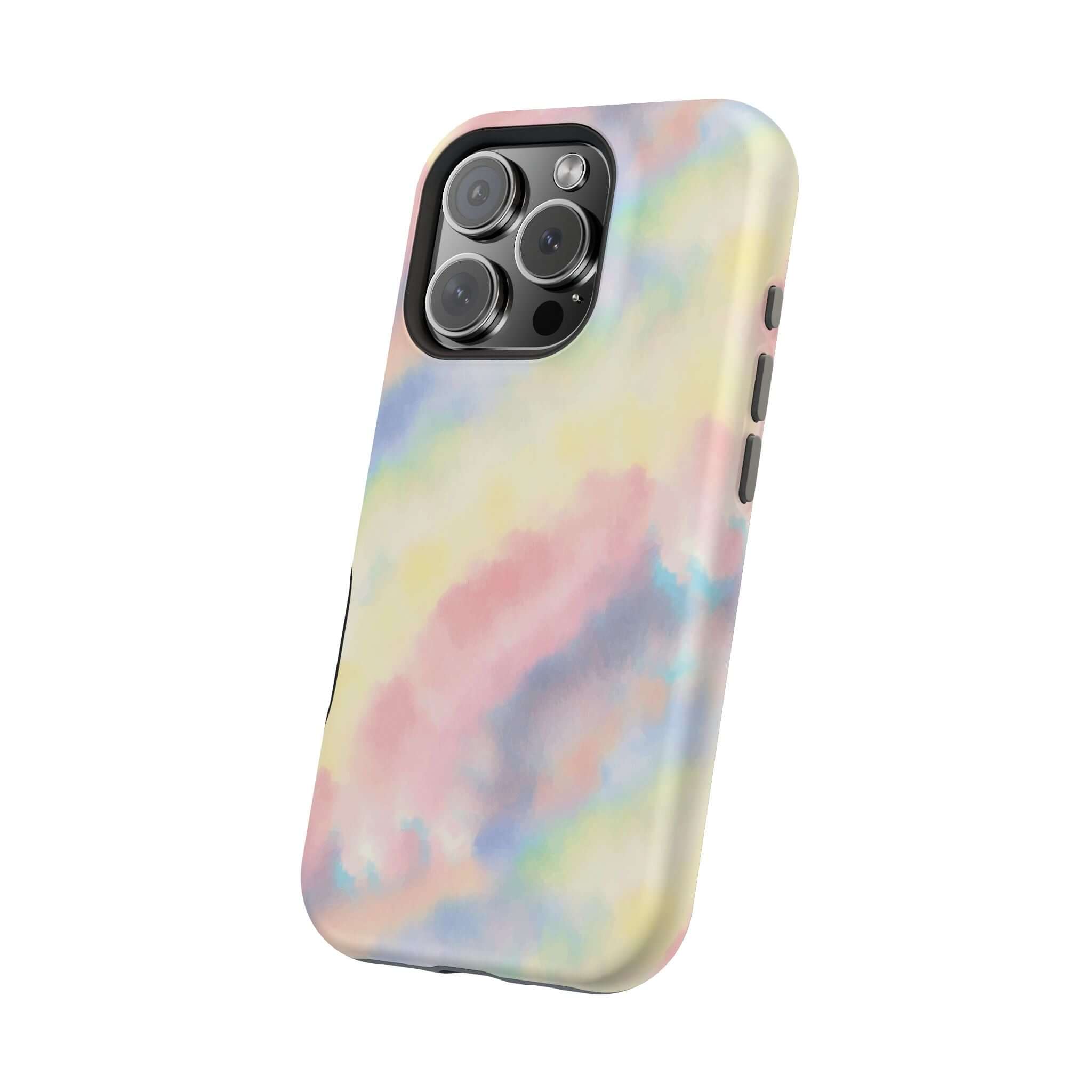 Cute pastel tie dye iPhone case with MagSafe compatibility, featuring Unicorn Dreams design for a unique phone case style.