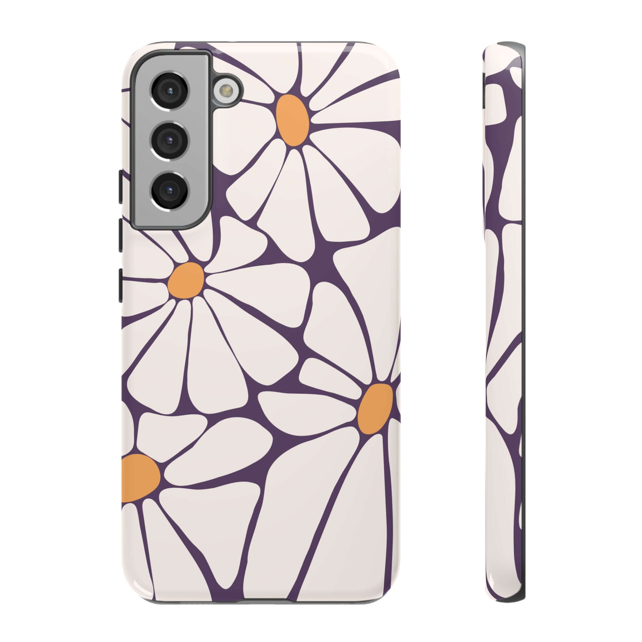 Retro flower phone case with purple and orange design for Samsung and Pixel devices, offering cute and stylish protection.