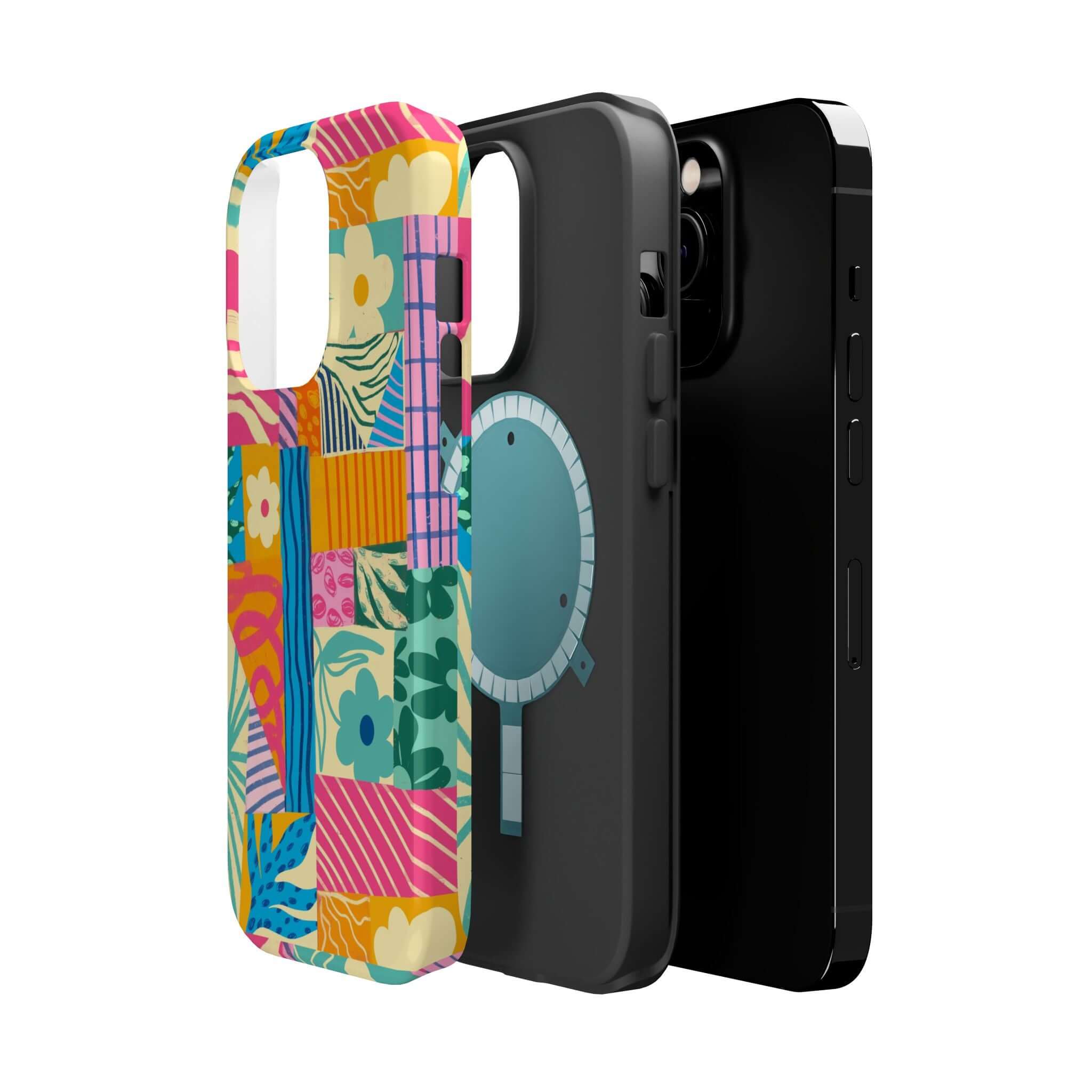 Colorful patchwork iPhone 16 case, Sunny Tides design, cute phone case for beach lovers, vibrant and playful style.