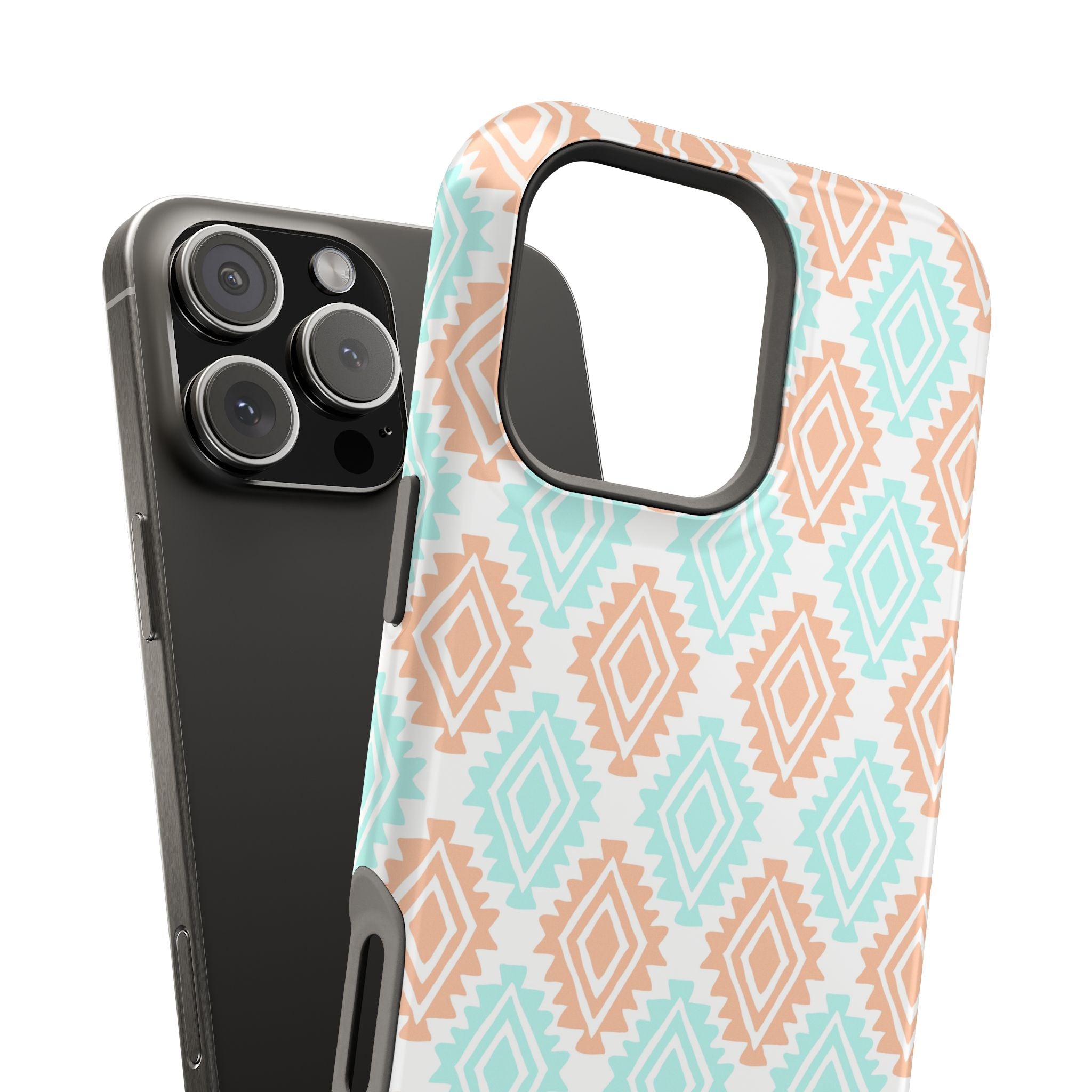 Southwestern MagSafe iPhone case with funky abstract design in teal and beige, perfect cute phone cover for cowgirls.