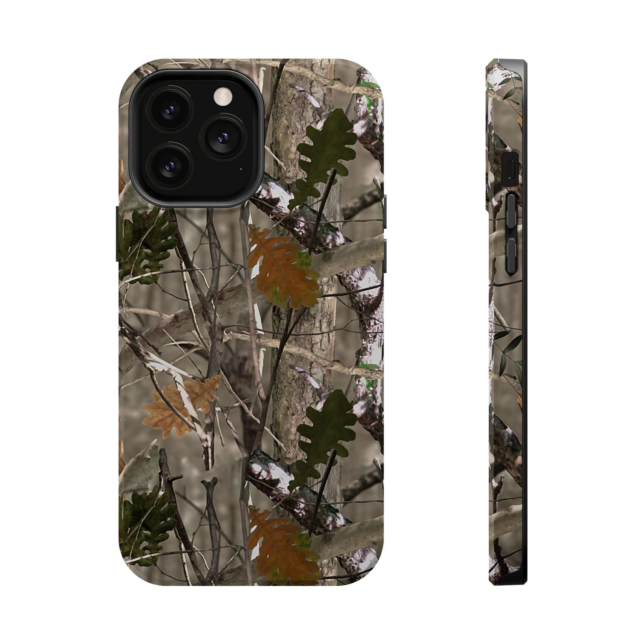 Modern forest camo phone case with animal print design, compatible with MagSafe, offering stylish protection for iPhones.