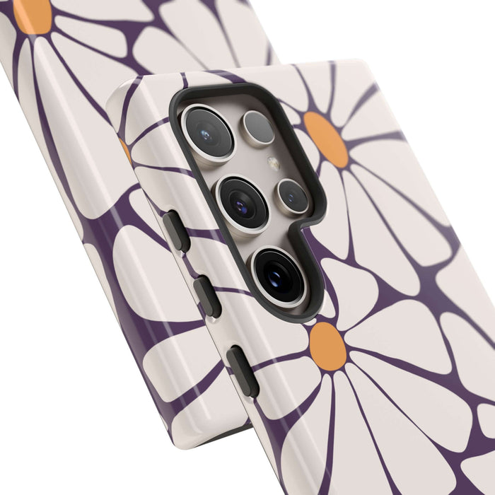 Cute iPhone 14 case with retro purple flowers design for Samsung and Pixel devices.