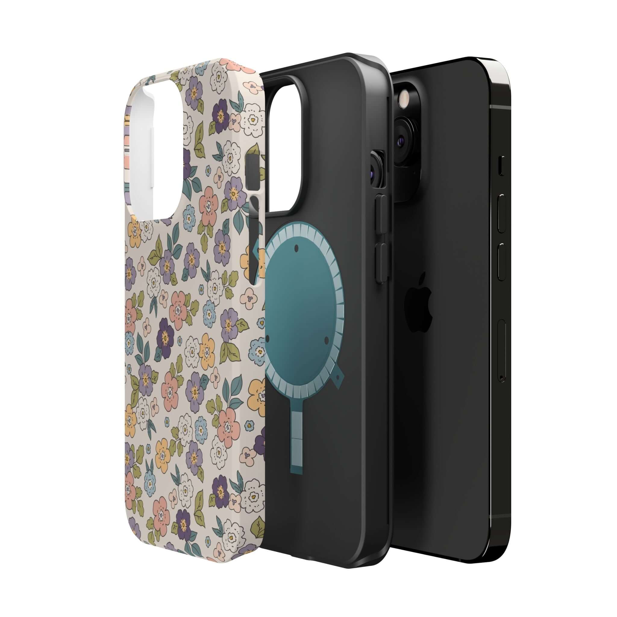 Colorful Ditsy Daisies iPhone case alongside sleek black cases, perfect cute phone cover for a beachy vibe.