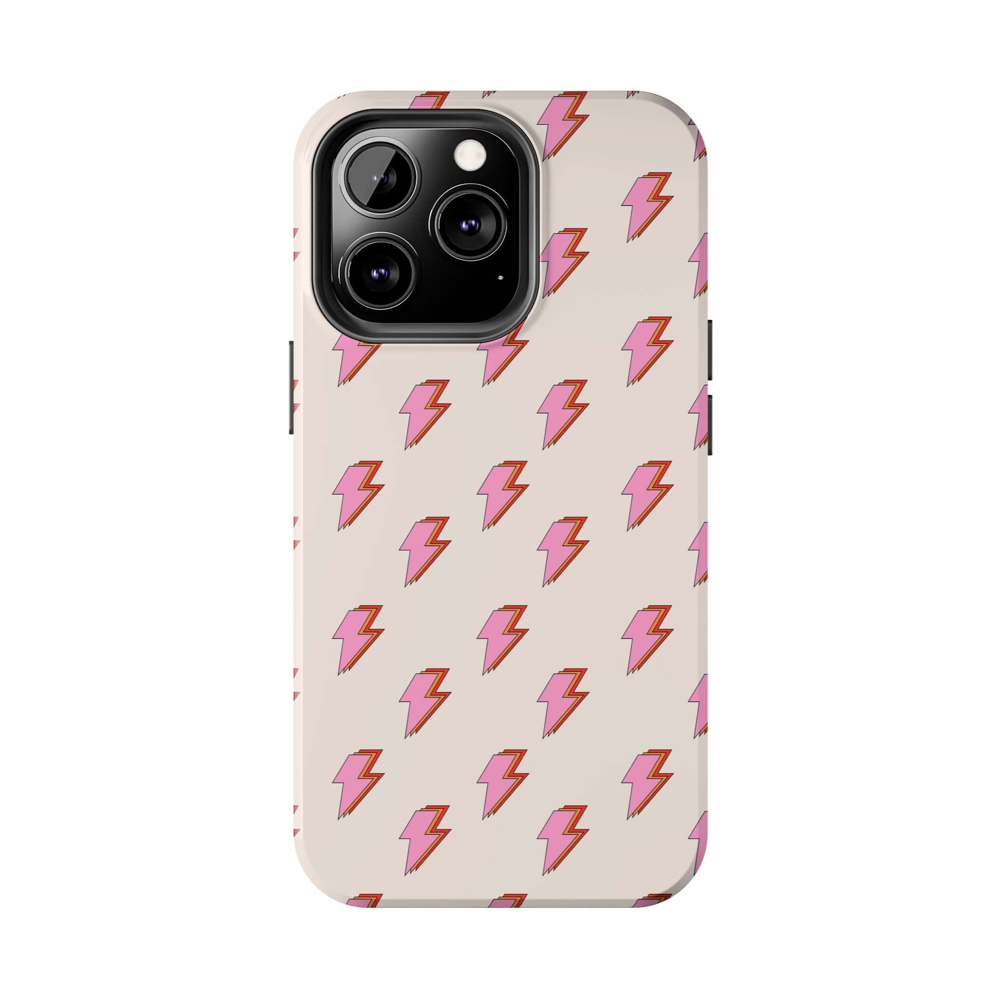 Cute iPhone 14 and 15 case with retro pink lightning bolt design, perfect for adding personality and protection to your phone.