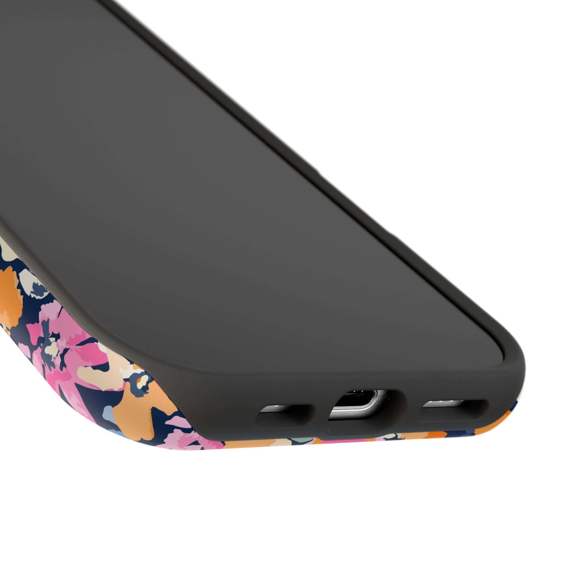 Colorful floral Botanic Burst MagSafe iPhone 16 case showing side design with cute protective pattern.