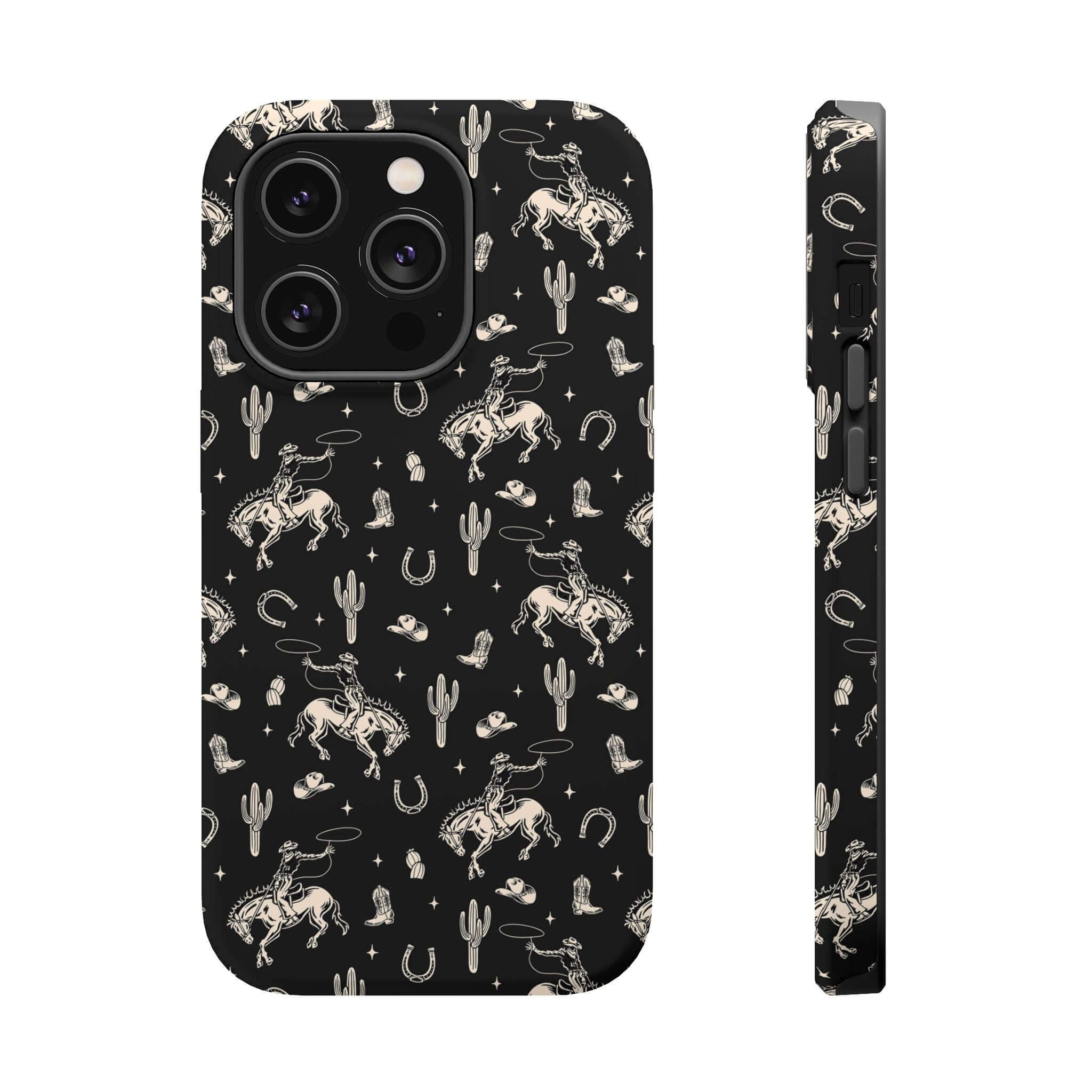 Cute iPhone case with black western design featuring cowgirls, cacti, and horseshoes, ideal for cowgirl-inspired style. Free shipping included.