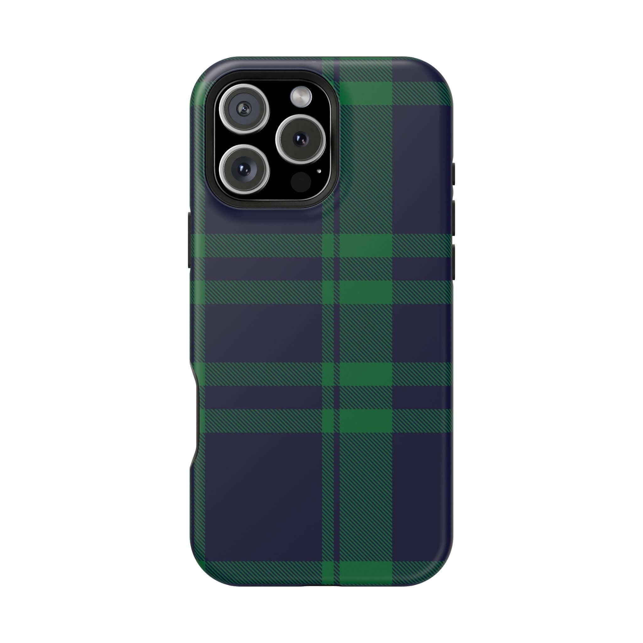 Mistletoe Plaid MagSafe Case featuring a festive green and navy plaid pattern, perfect for holiday phone protection.