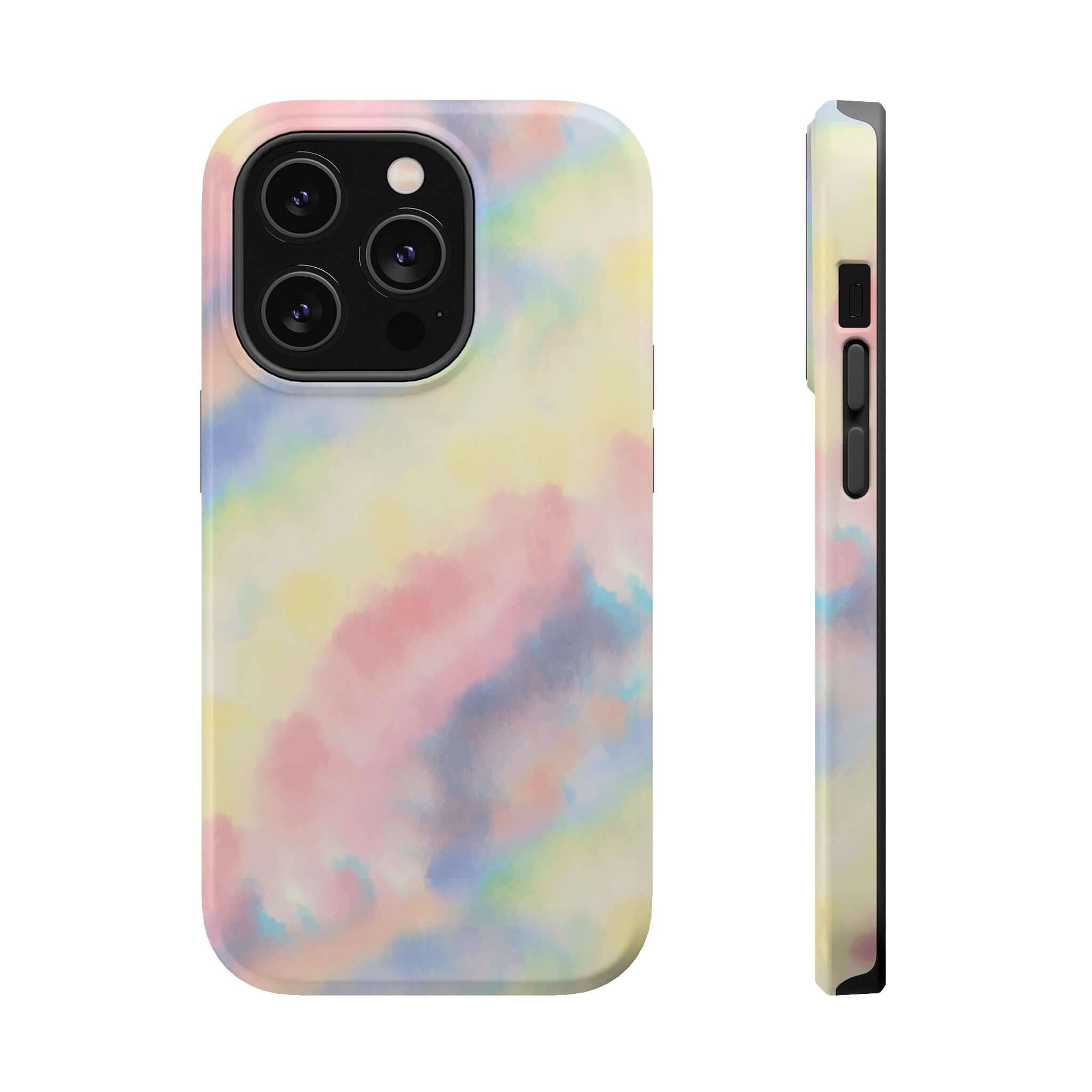 Cute iPhone case with pastel tie dye design, MagSafe compatible, Unicorn Dreams phone case, custom iPhone case design.