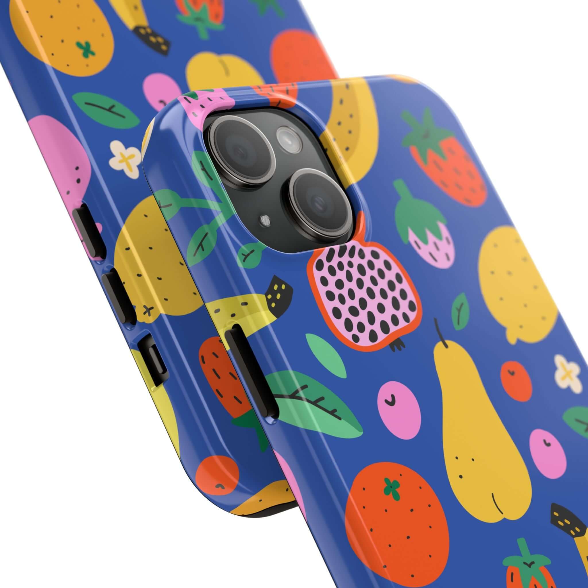 Cute phone cover with colorful beachy fruit design on a blue background, ideal for Apple iPhone protection and style.