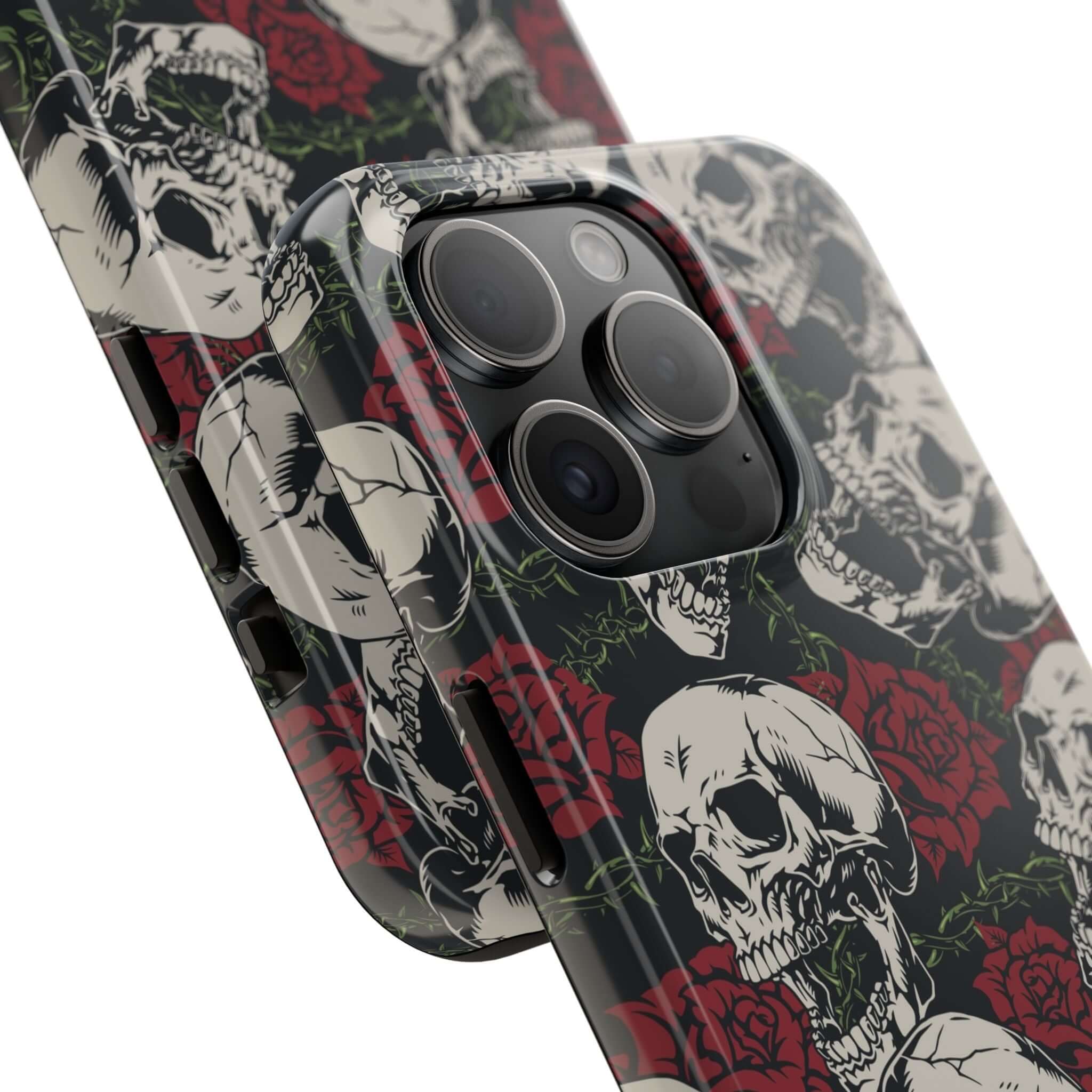 Skull Rose MagSafe iPhone 16 Case with Rebellious Biker Design and Roses, Cute Protective Phone Case