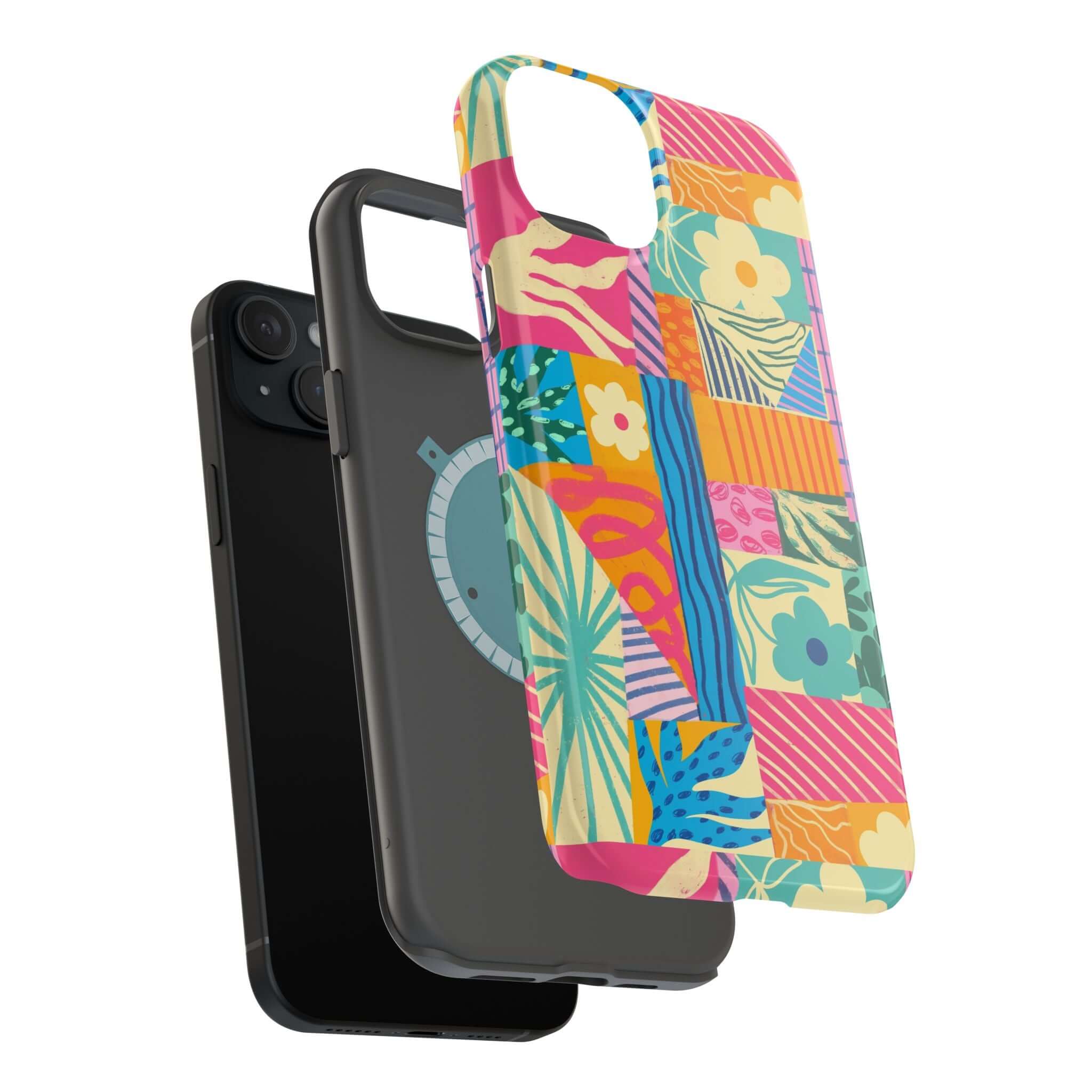 Colorful patchwork phone case for iPhone 16, featuring playful beach-inspired design. Cute and protective.