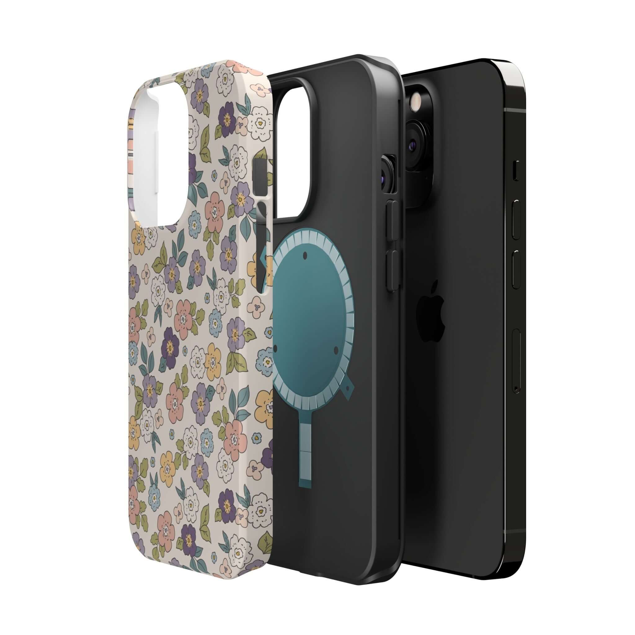 Colorful Ditsy Daisies iPhone case showcasing floral design and MagSafe compatibility, perfect for stylish phone users.