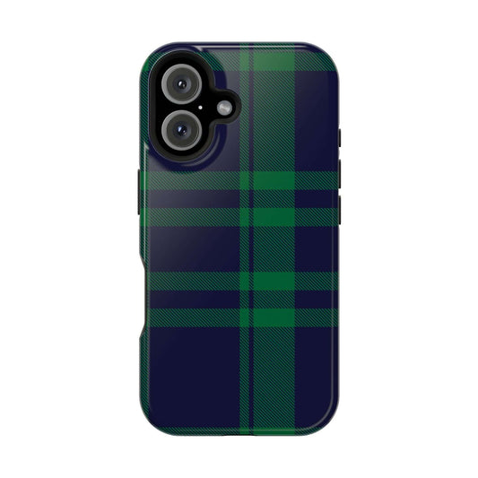 Cute Mistletoe Plaid MagSafe Case for iPhone, festive green and navy plaid design, perfect holiday phone cover.