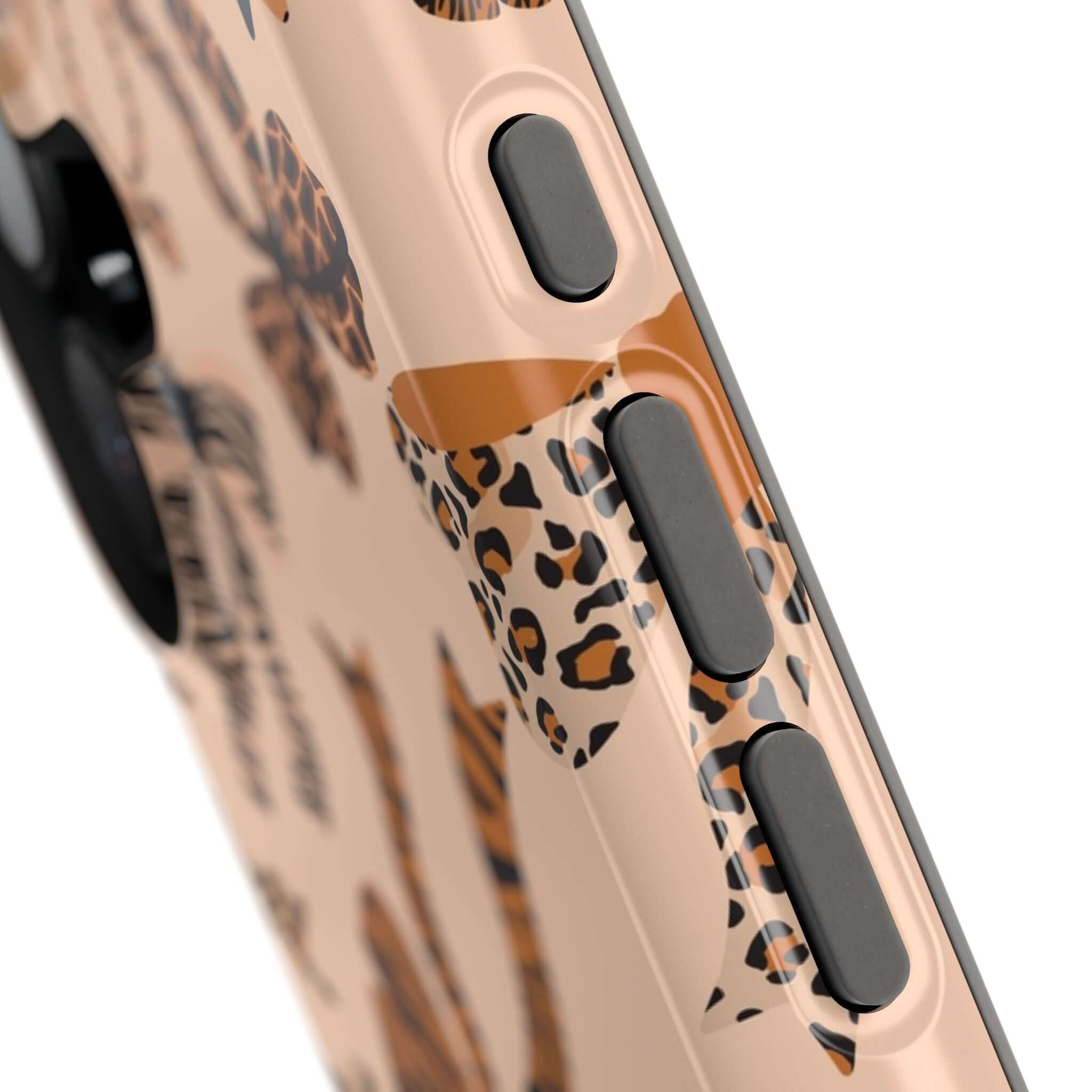 Close-up of Safari Coquette leopard pattern phone case with bows, colorful and cute design for iPhone, abstract and stylish accessory.