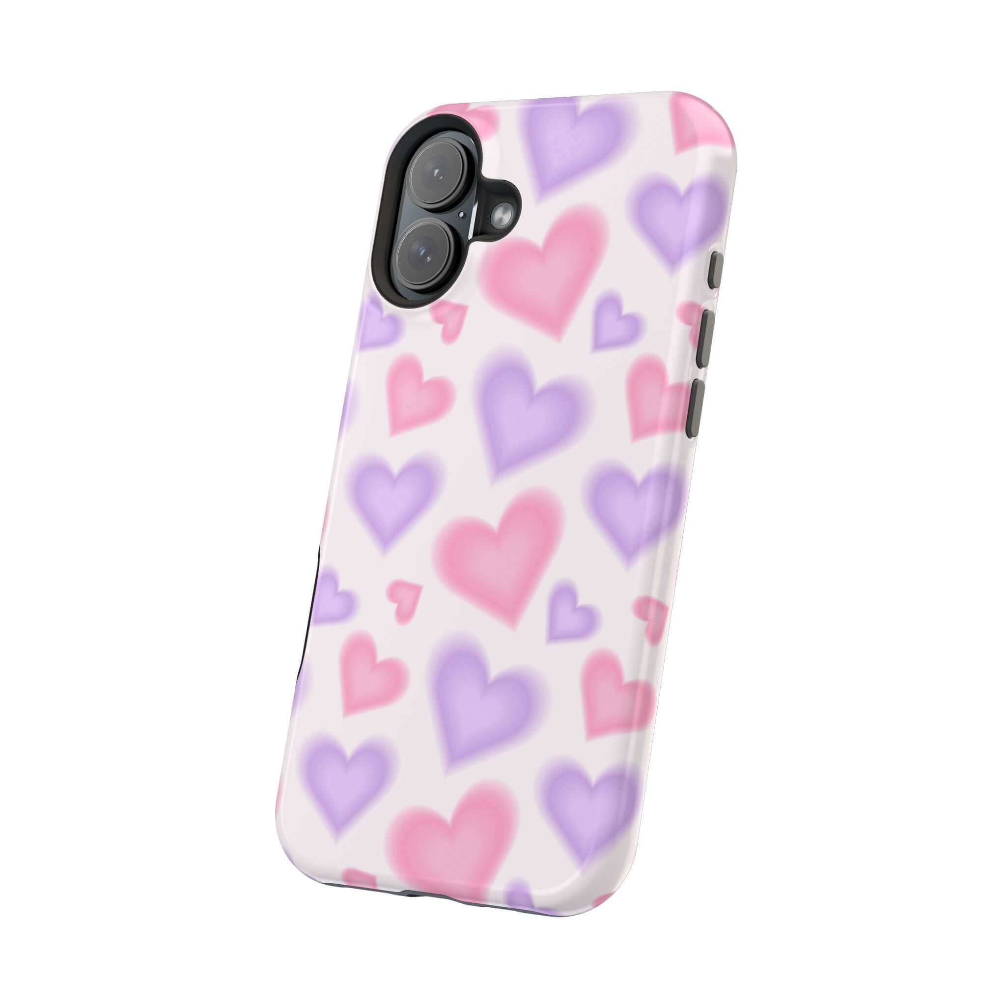 Cute pink and purple heart-patterned iPhone case, perfect for adding love and style to your Apple device.