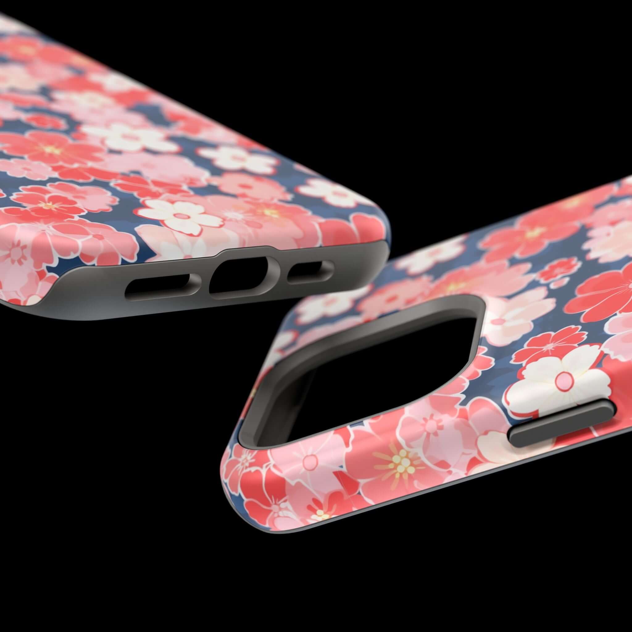 Close-up of Oh So Pretty Pink Floral Case for iPhone 14 Pro Max with vibrant pink flowers, highlighting the precise fit and stylish design.