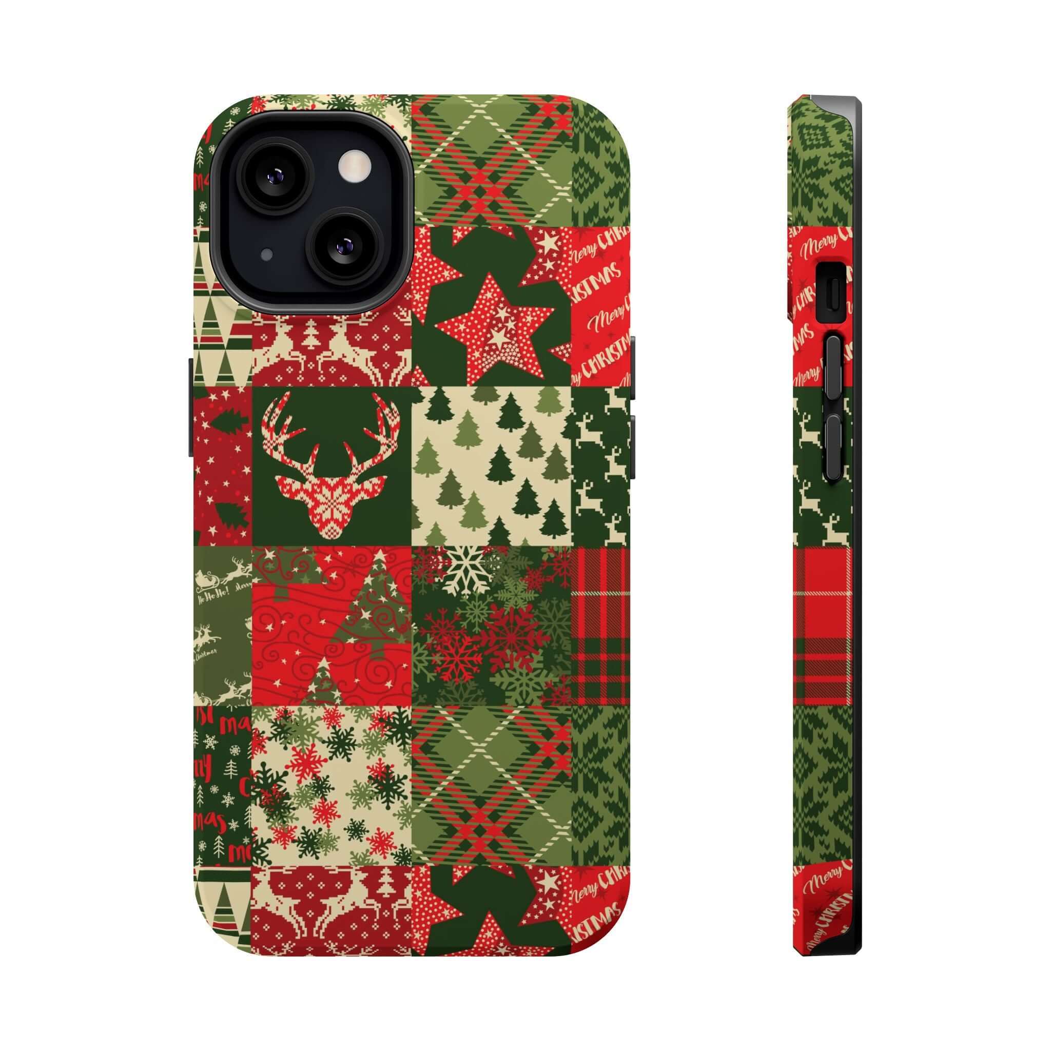 Cozy Quiltmas MagSafe case with festive patchwork design, featuring plaid and holiday patterns for a cute and secure Xmas phone cover.