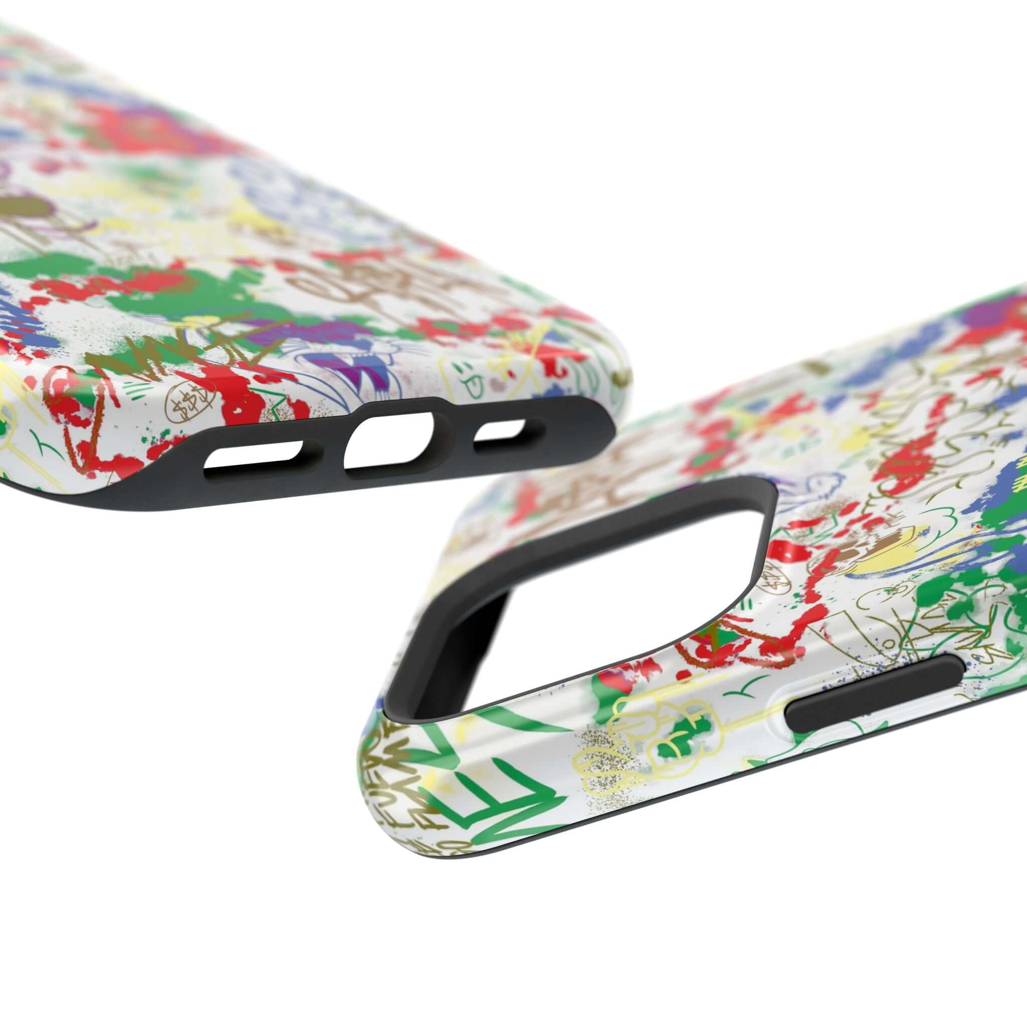 Colorful graffiti phone case showing vibrant street art design and MagSafe features, perfect for art lovers and iPhone protection.