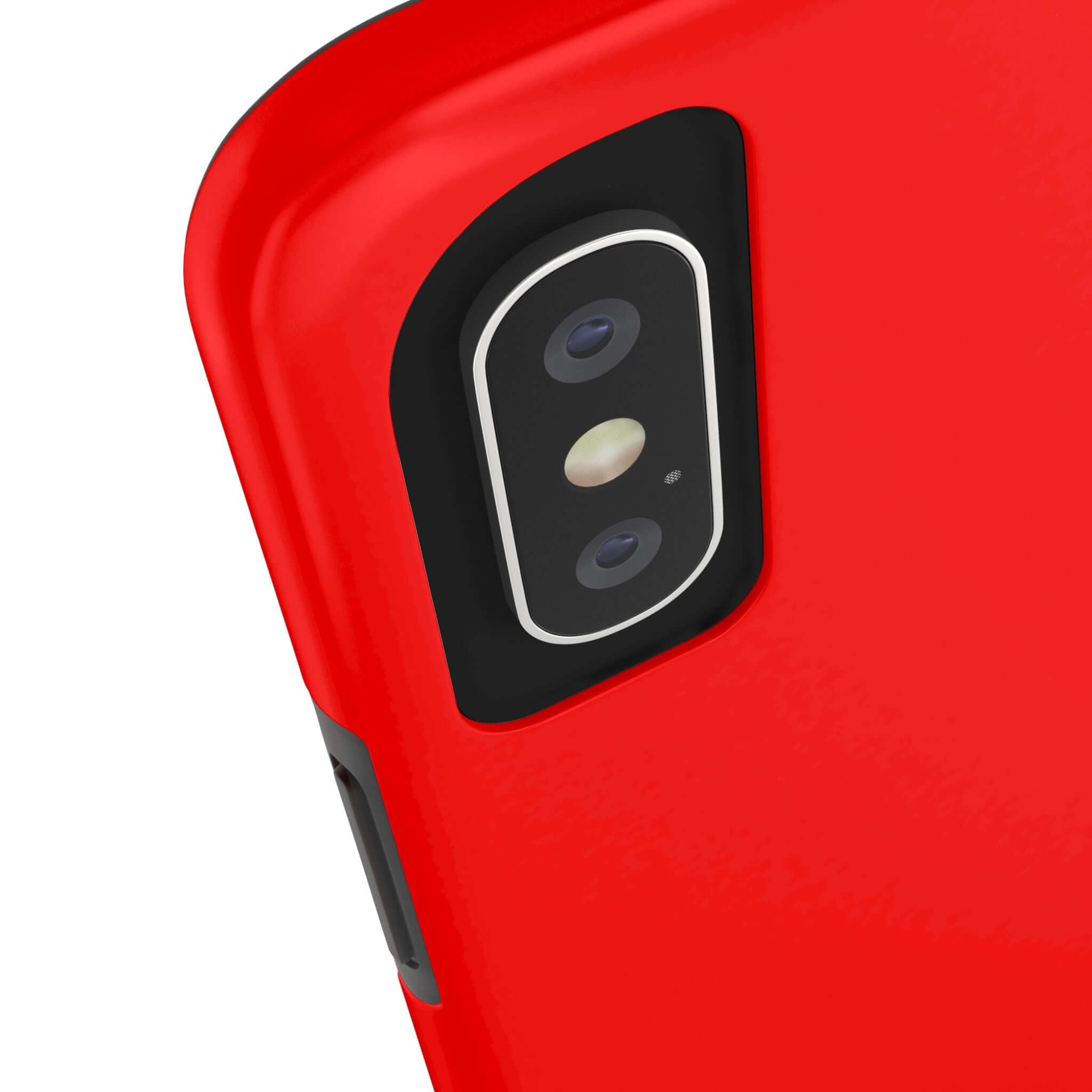 Neon red iPhone case close-up, showing dual camera cutout. Shop the cutest phone cases with free shipping on our cute case website.