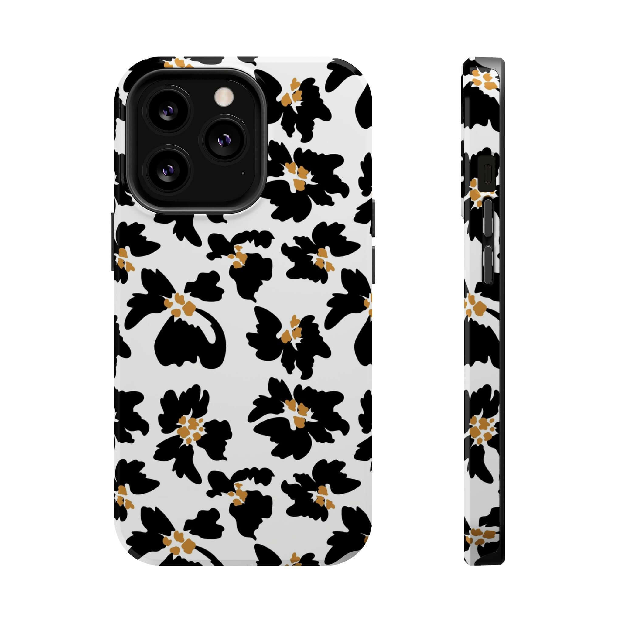 Modern phone case with black floral design, perfect for a cute MagSafe look. Noir Flora animal print iPhone case showcases chic style.