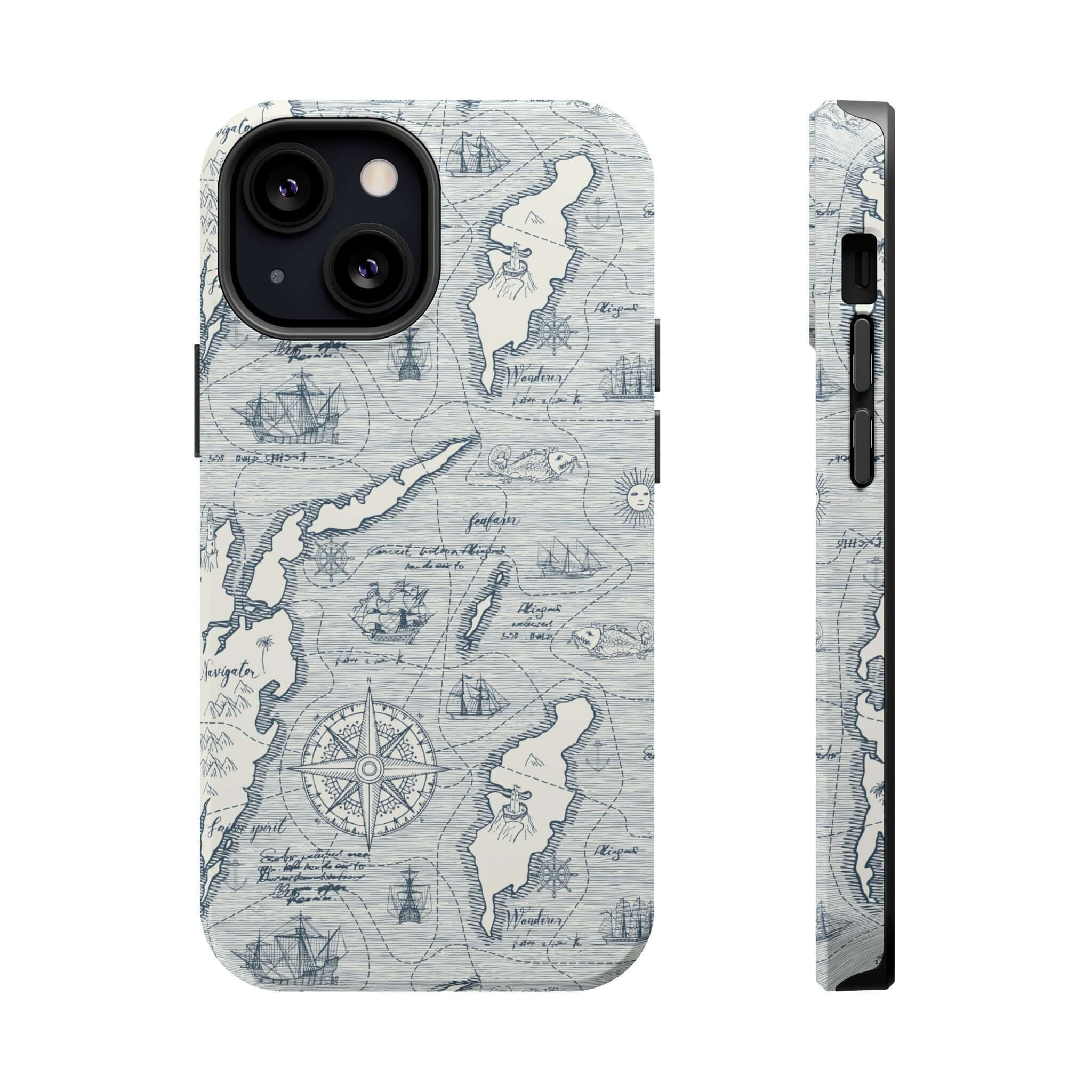 Pirates Passageway iPhone 14 Pro Max phone case with nautical map design, cute teal protective case equipped with MagSafe technology