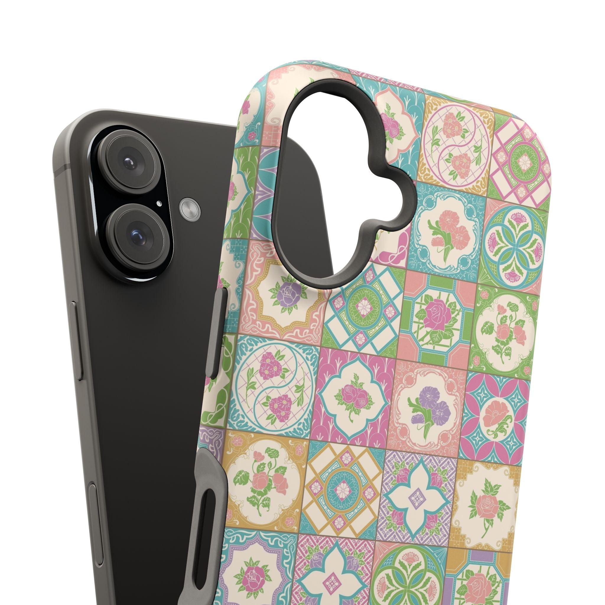 Colorful Peranakan Bloom iPhone case with floral Nyonya tile pattern, showcasing heritage design. Cute phone cover and best phone case brand.