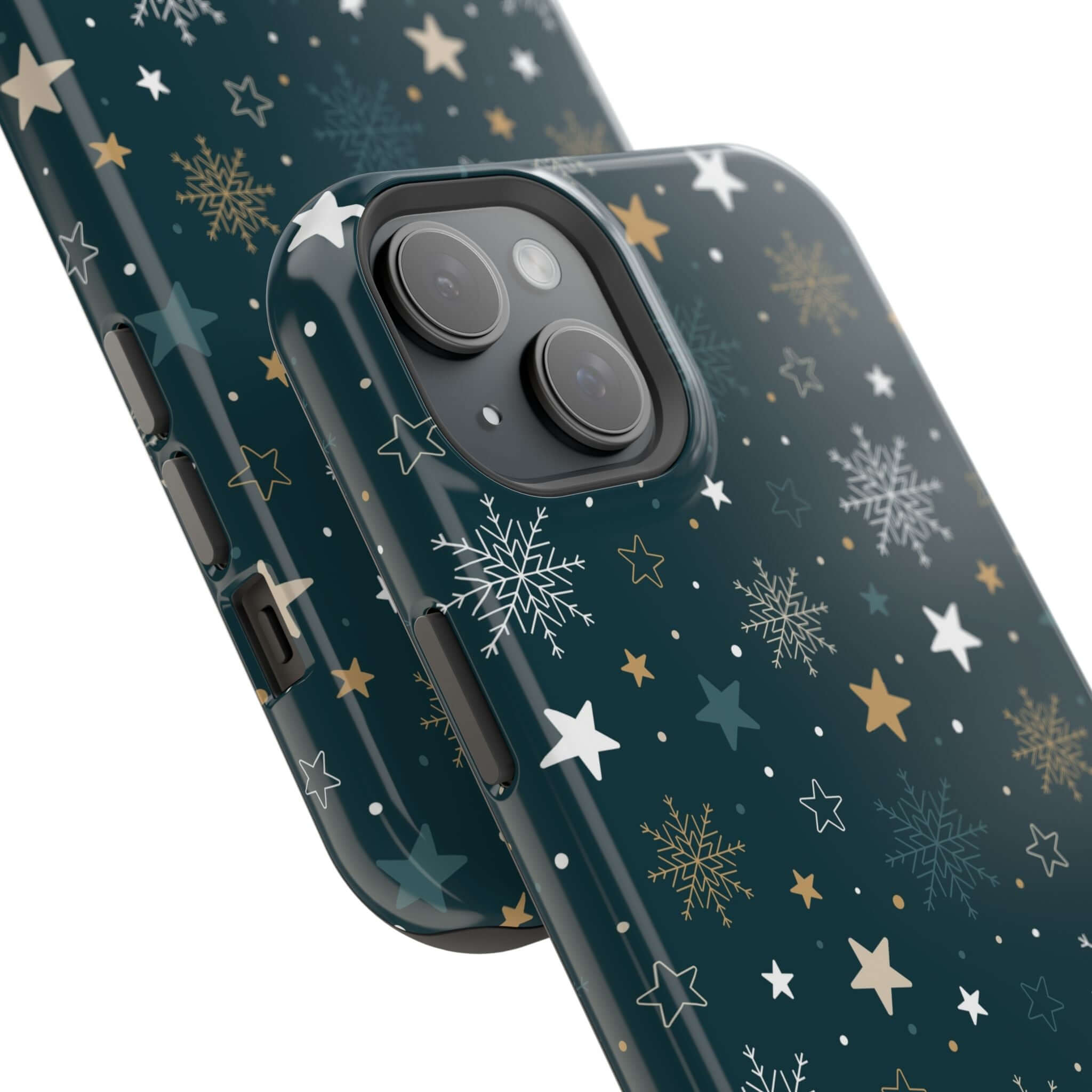 Frosted Wishes MagSafe Case with Christmas star and snowflake design, perfect holiday phone case, compatible with MagSafe charging.