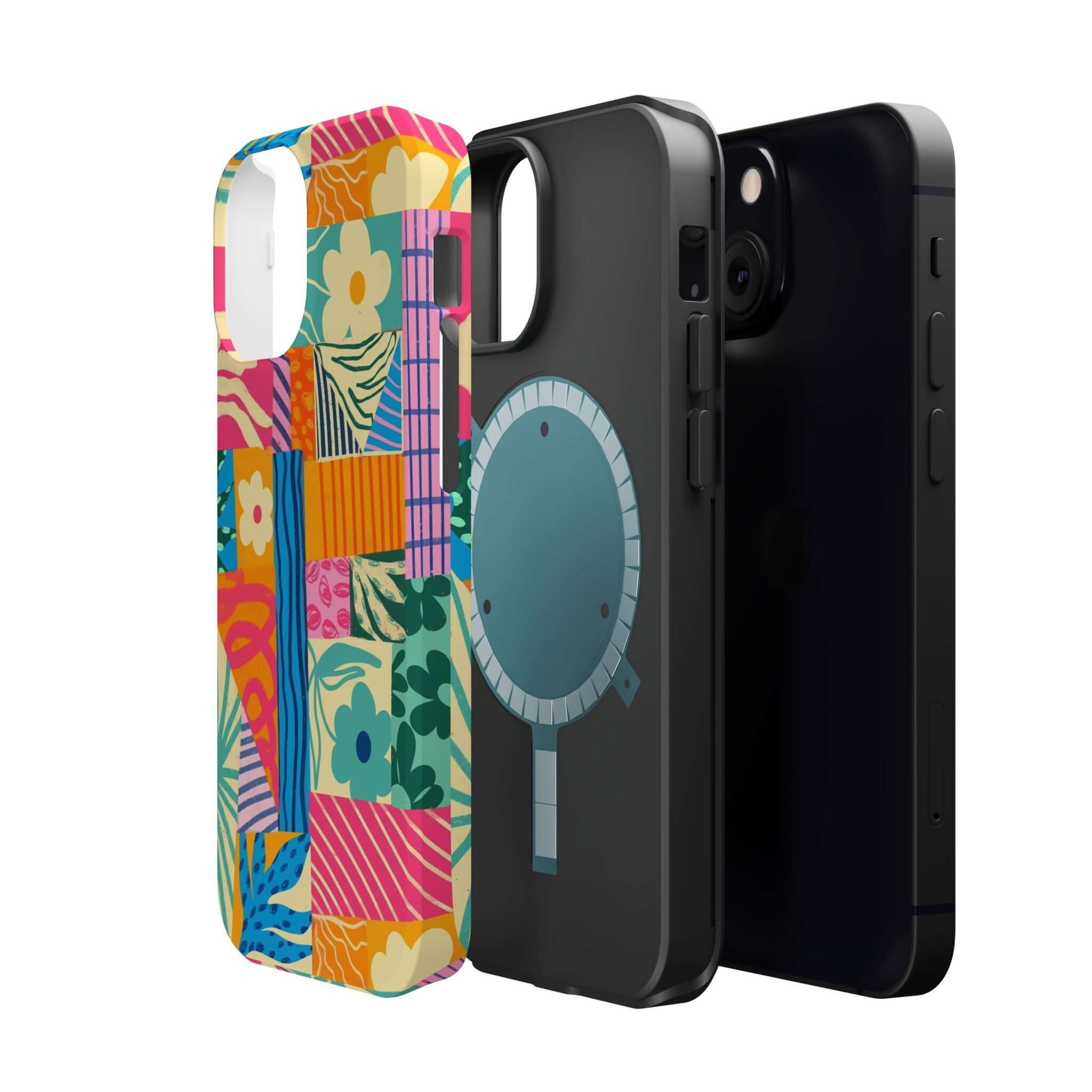 Sunny Tides colorful patchwork phone case for iPhone 16, cute beach-themed accessory adds vibrant style and protection to your device.