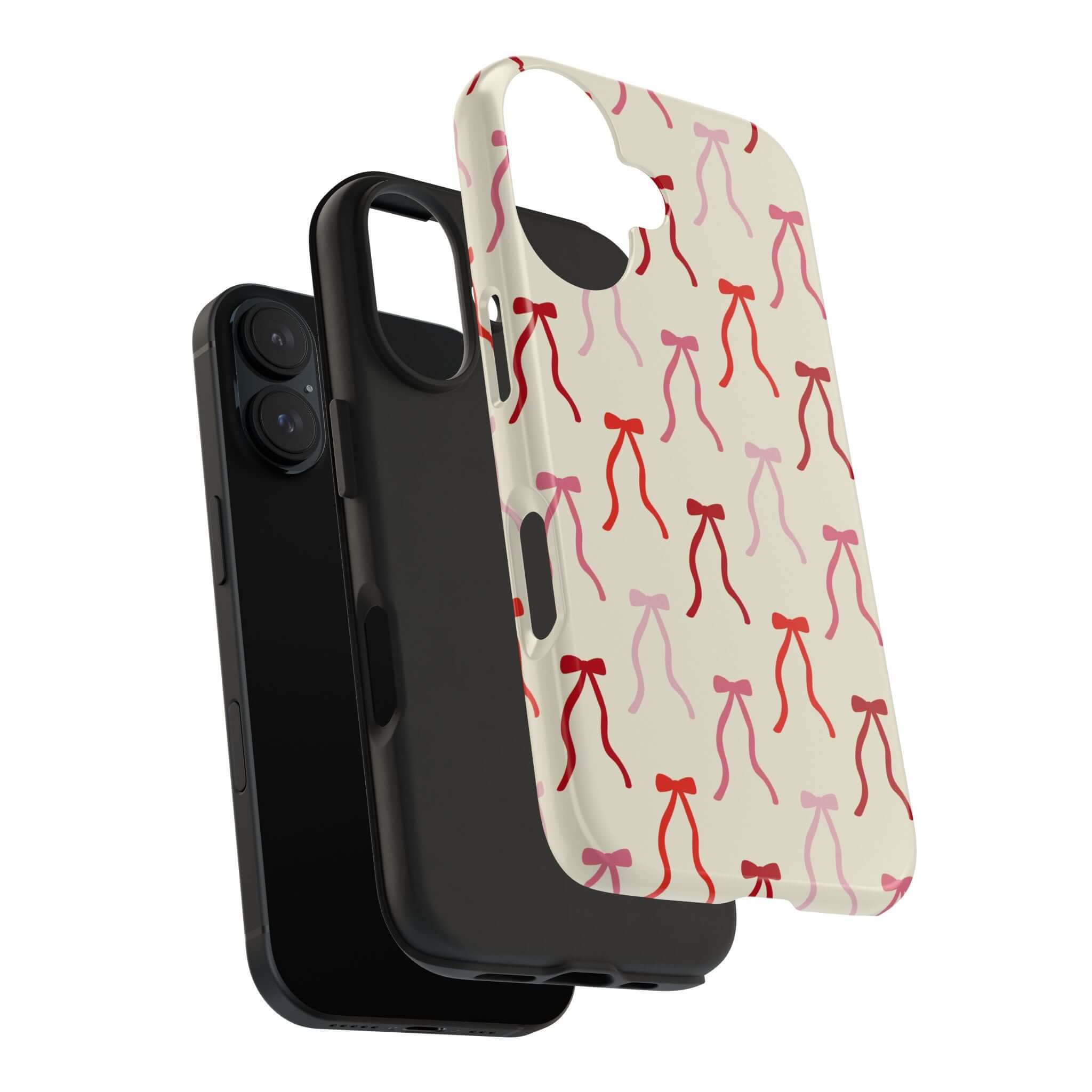 Beige Coquette Case for iPhone 16 with red bows, cute phone case offering playful and stylish protection.