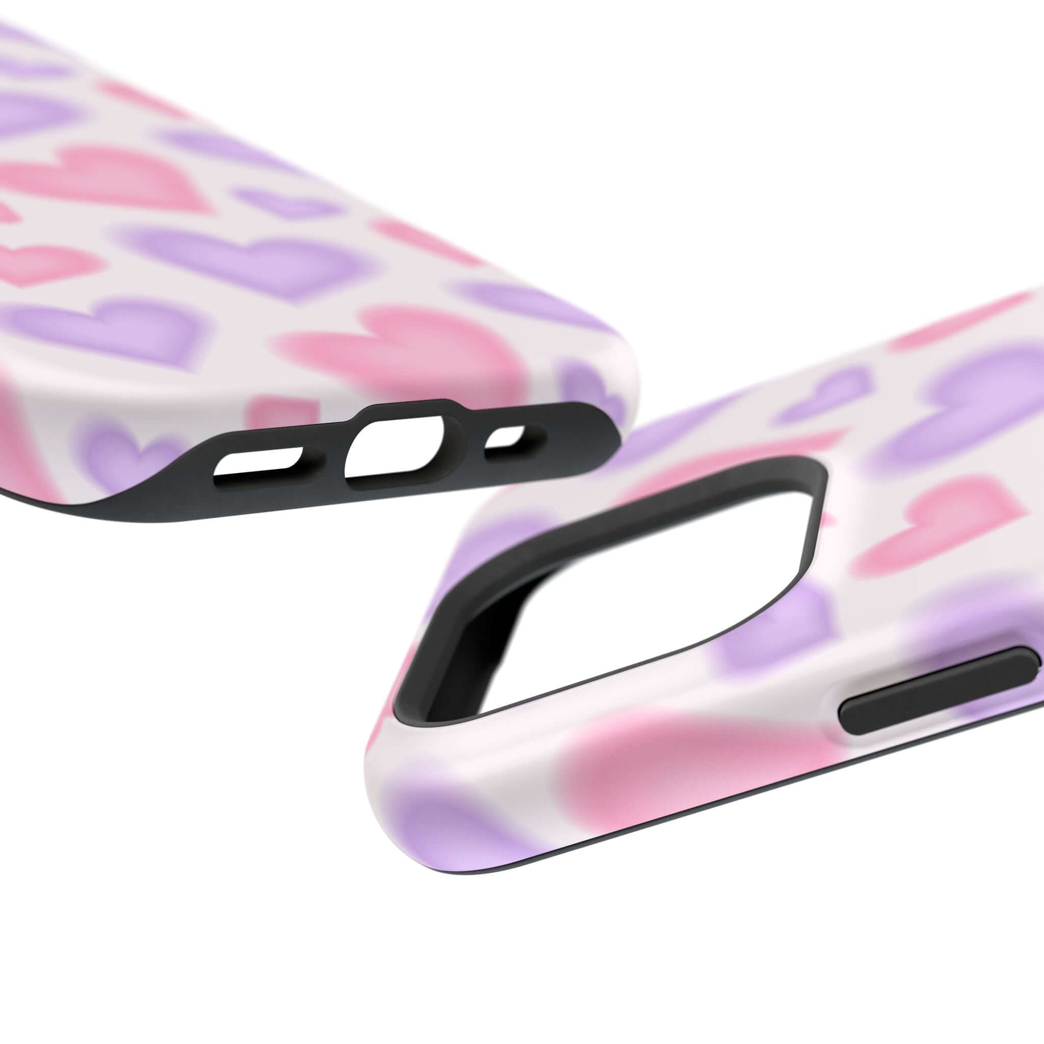 Cute phone cover with pink and purple hearts, showcasing MagSafe compatibility and stylish design for iPhone.