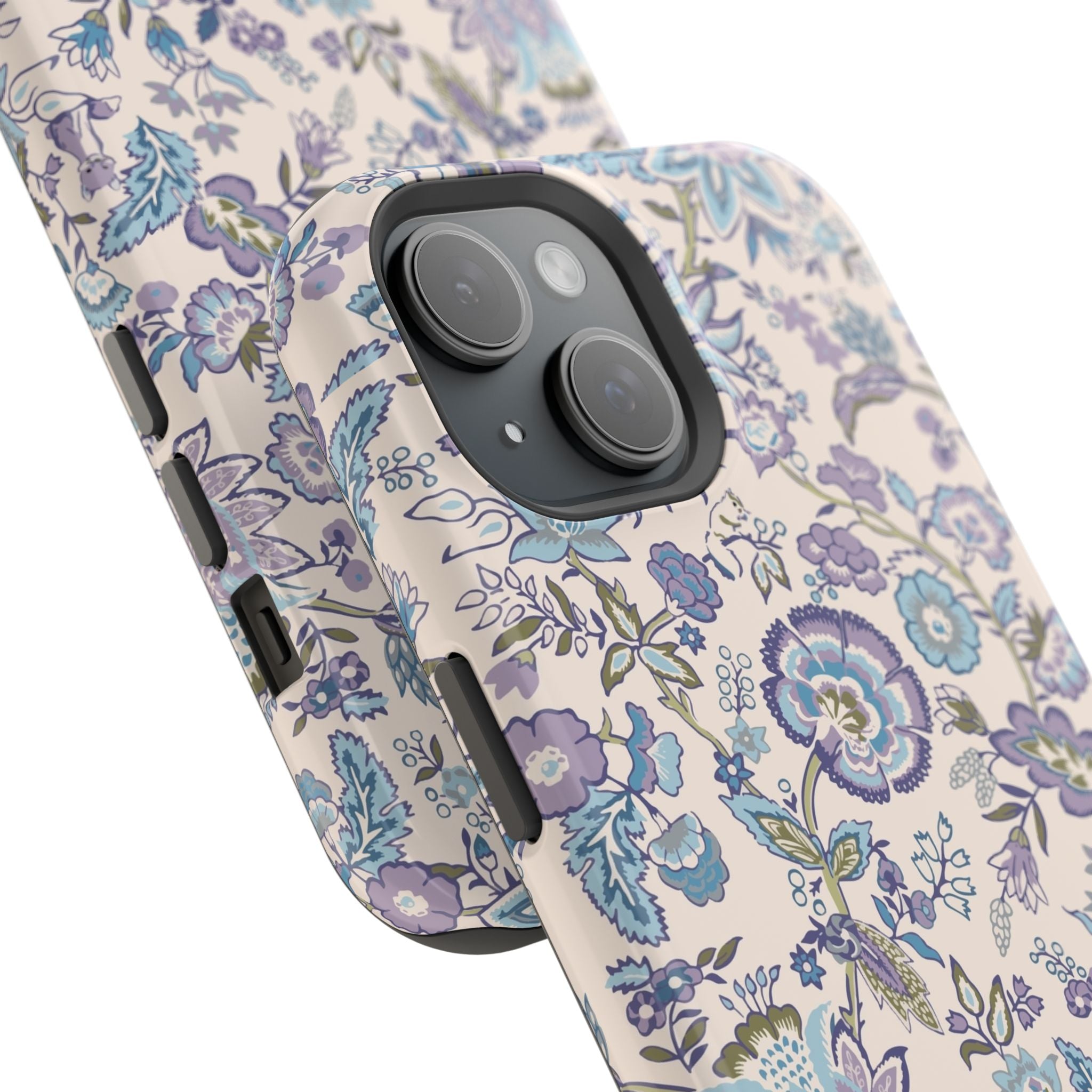 Blue floral CottageCore MagSafe iPhone case with whimsical design, perfect cute phone cover for nature lovers and tech protection.