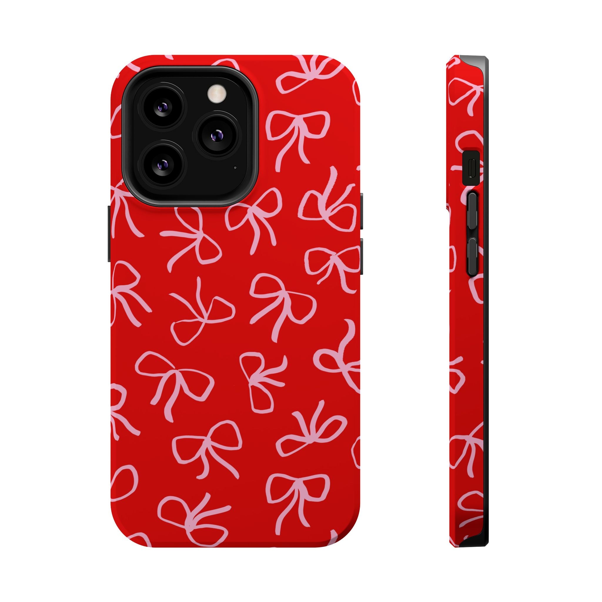 Red phone case with cute white bows, perfect for a playful and flirty style. MagSafe compatible cute phone cover with bold design.