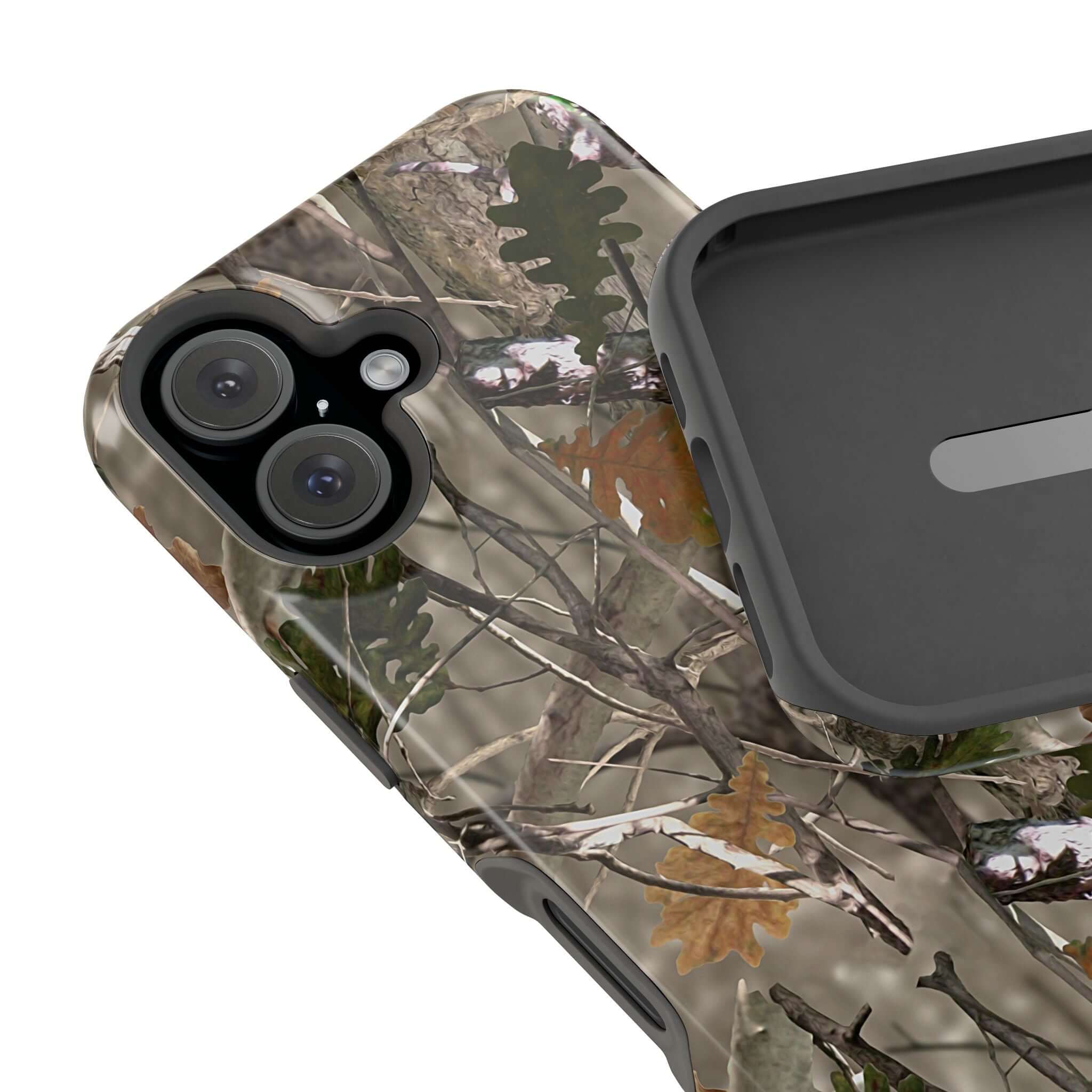 Forest camo iPhone case with animal print design, showcasing MagSafe compatibility for a modern and cute phone accessory.