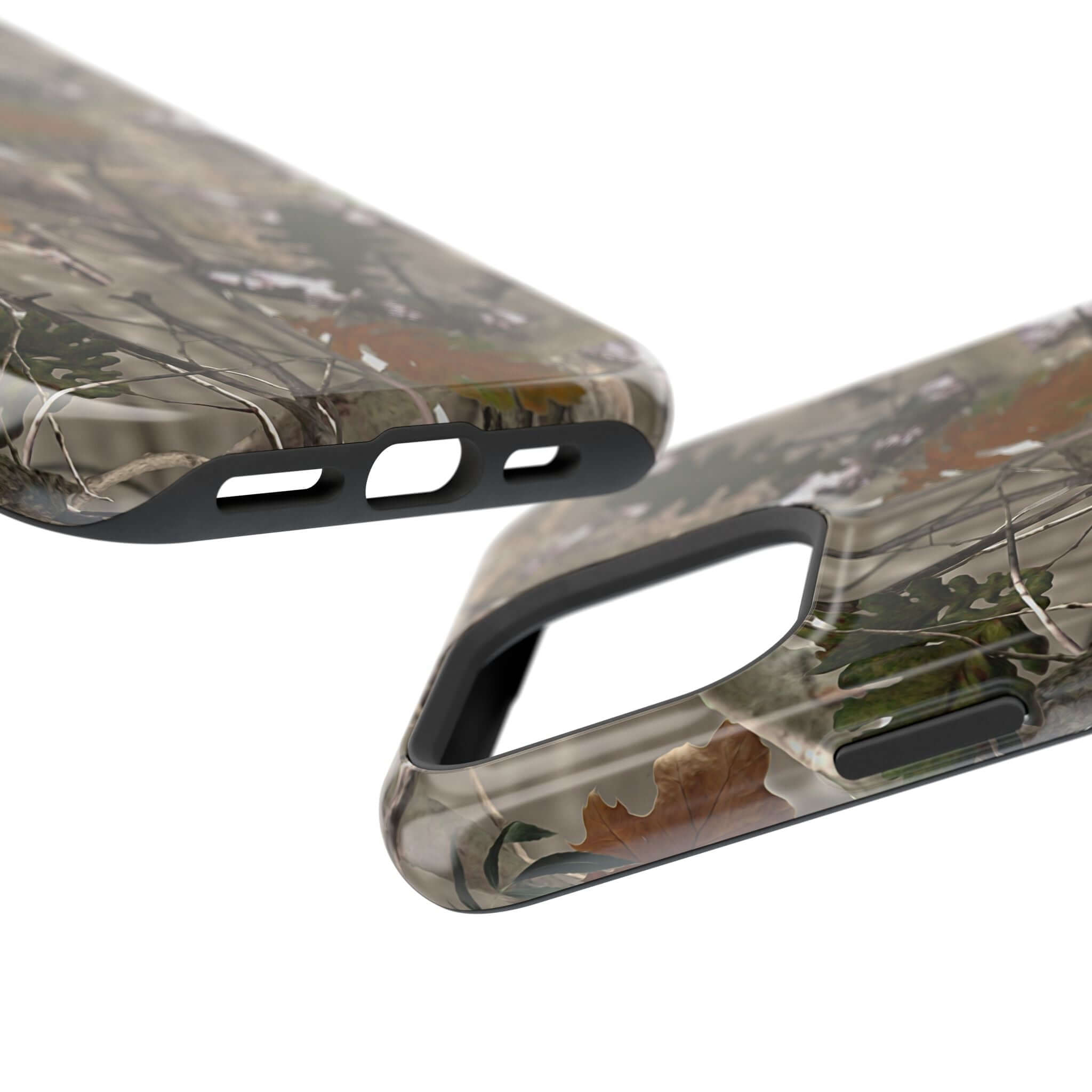 Forest camo case with animal print design for iPhone, modern and cute MagSafe compatible phone case, close-up view.