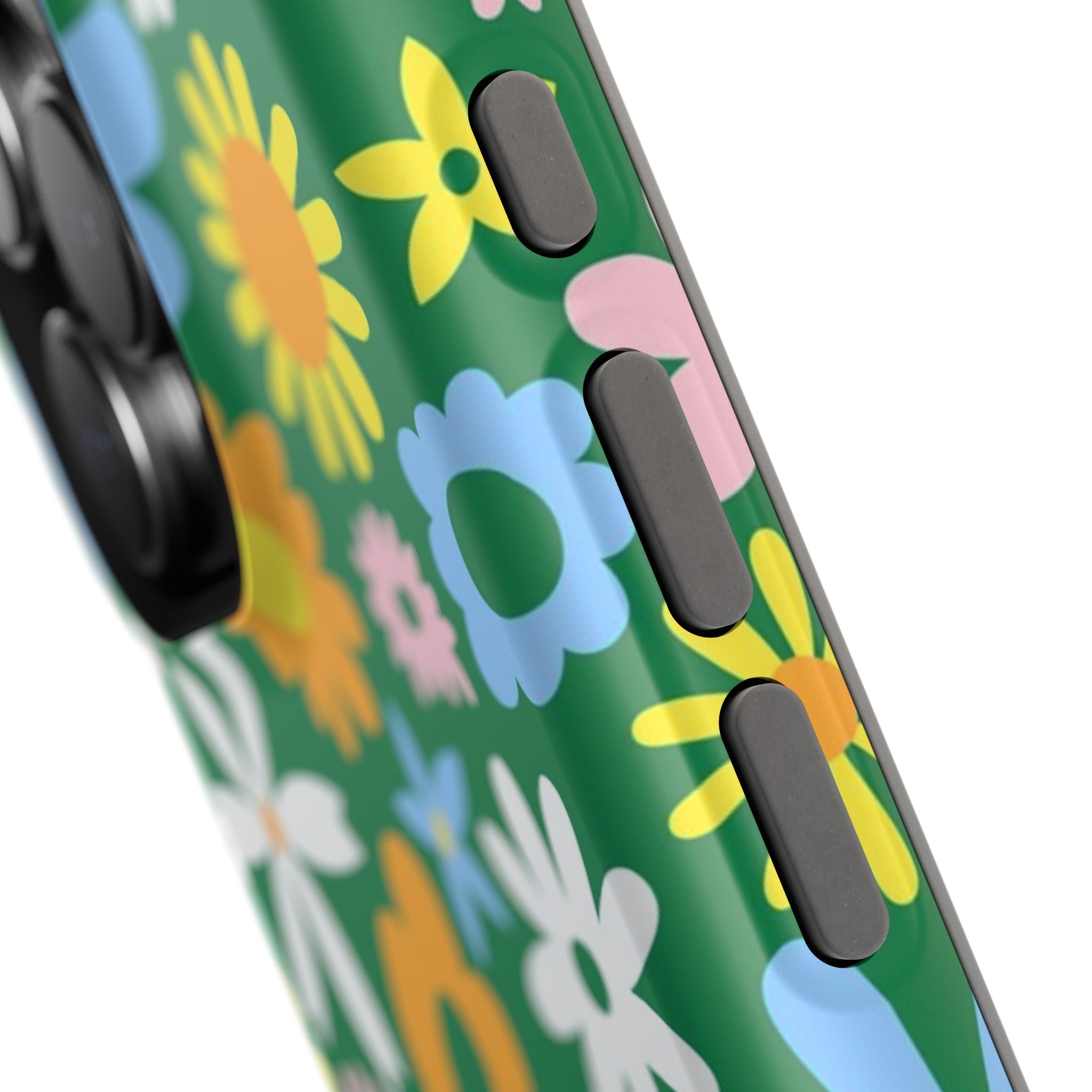 Close-up of Chasing Blooms hippie floral MagSafe iPhone case, featuring vibrant green backdrop with colorful flowers. Cute phone cover!