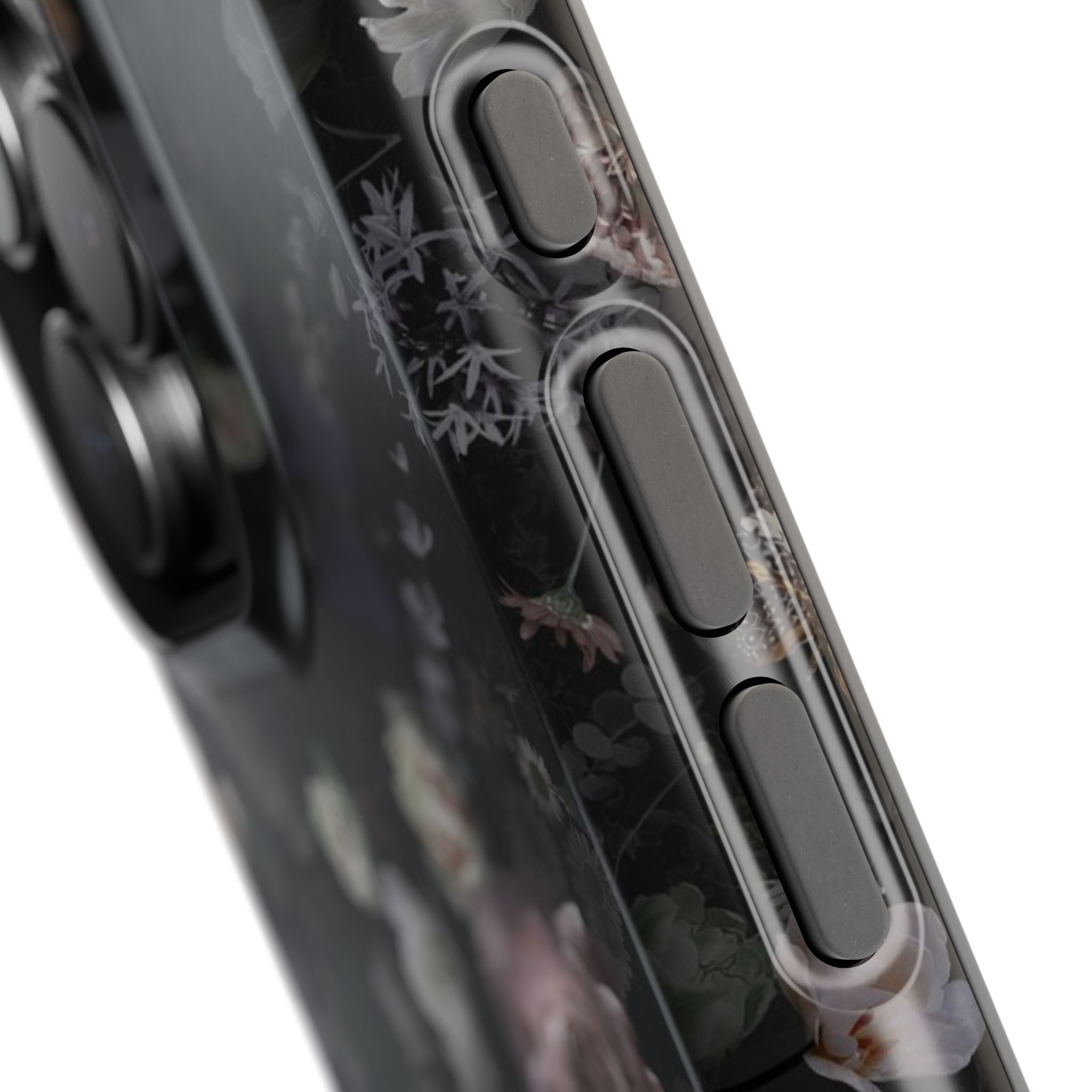 MagSafe iPhone case with black floral design, featuring detailed side buttons. Cute phone cover for stylish protection.