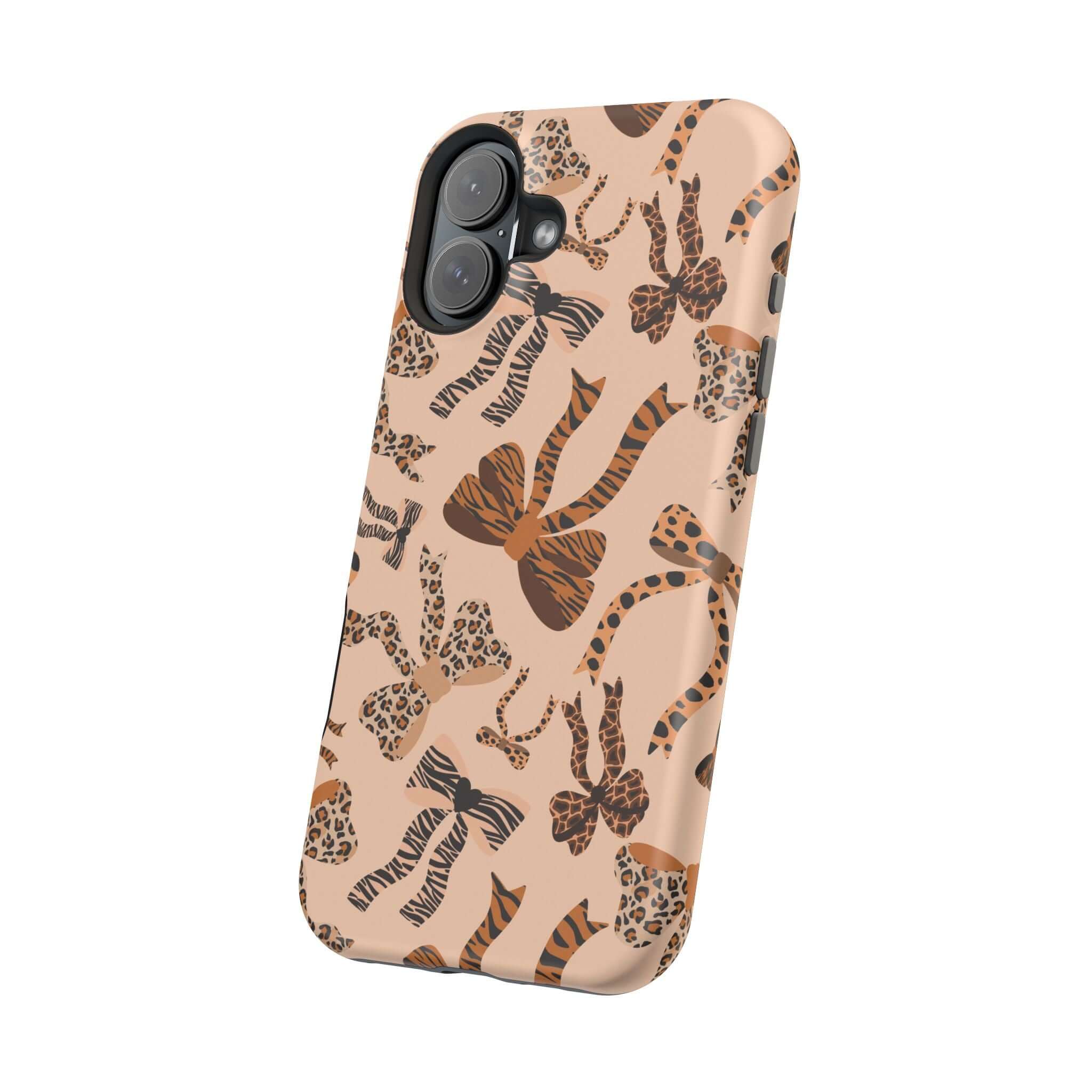 Colorful Safari Coquette iPhone case with leopard print and coquette bows, featuring a cute and abstract design for a stylish phone accessory.