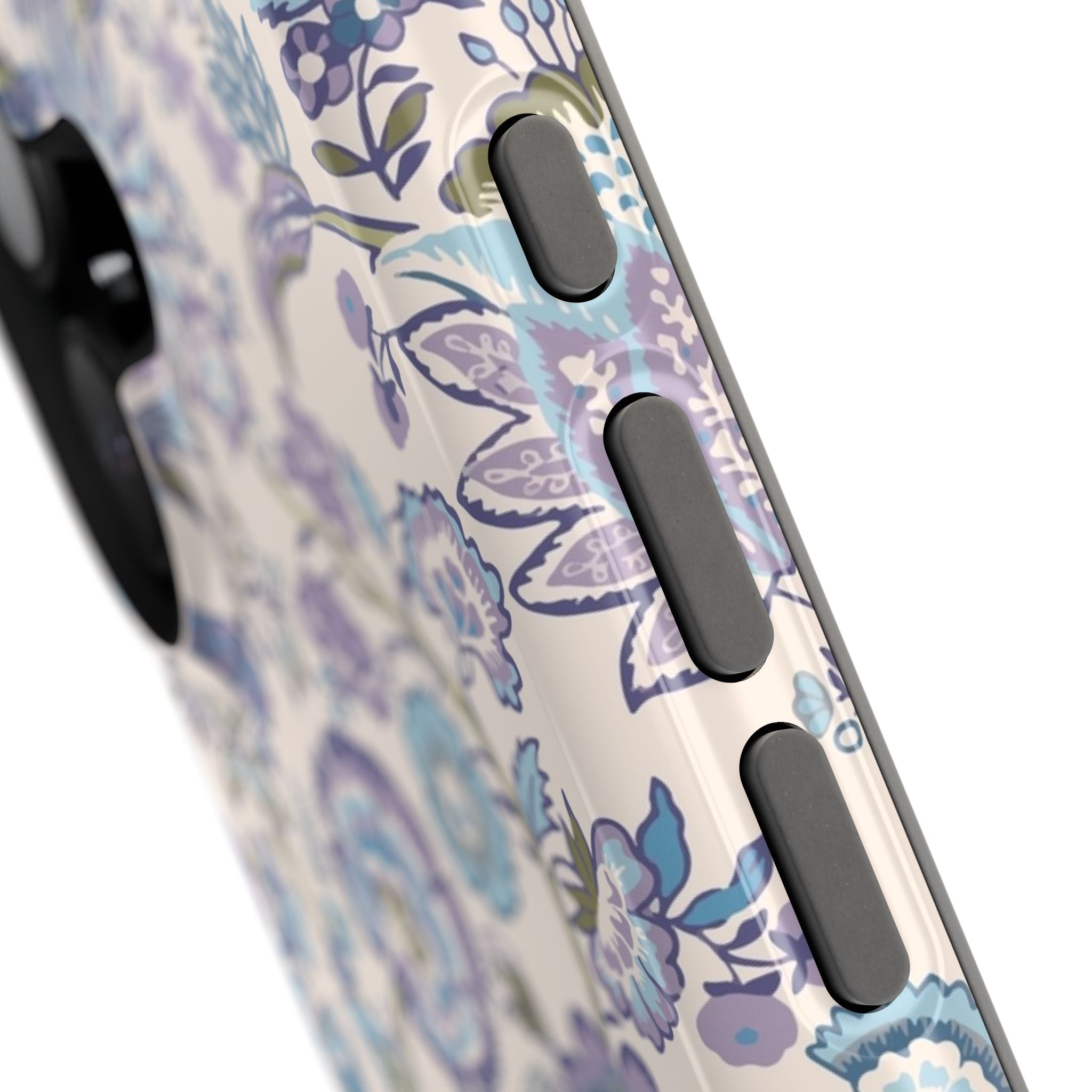 Blue CottageCore floral MagSafe iPhone case with whimsical flower design and buttons, a cute phone cover for nature-loving tech users.