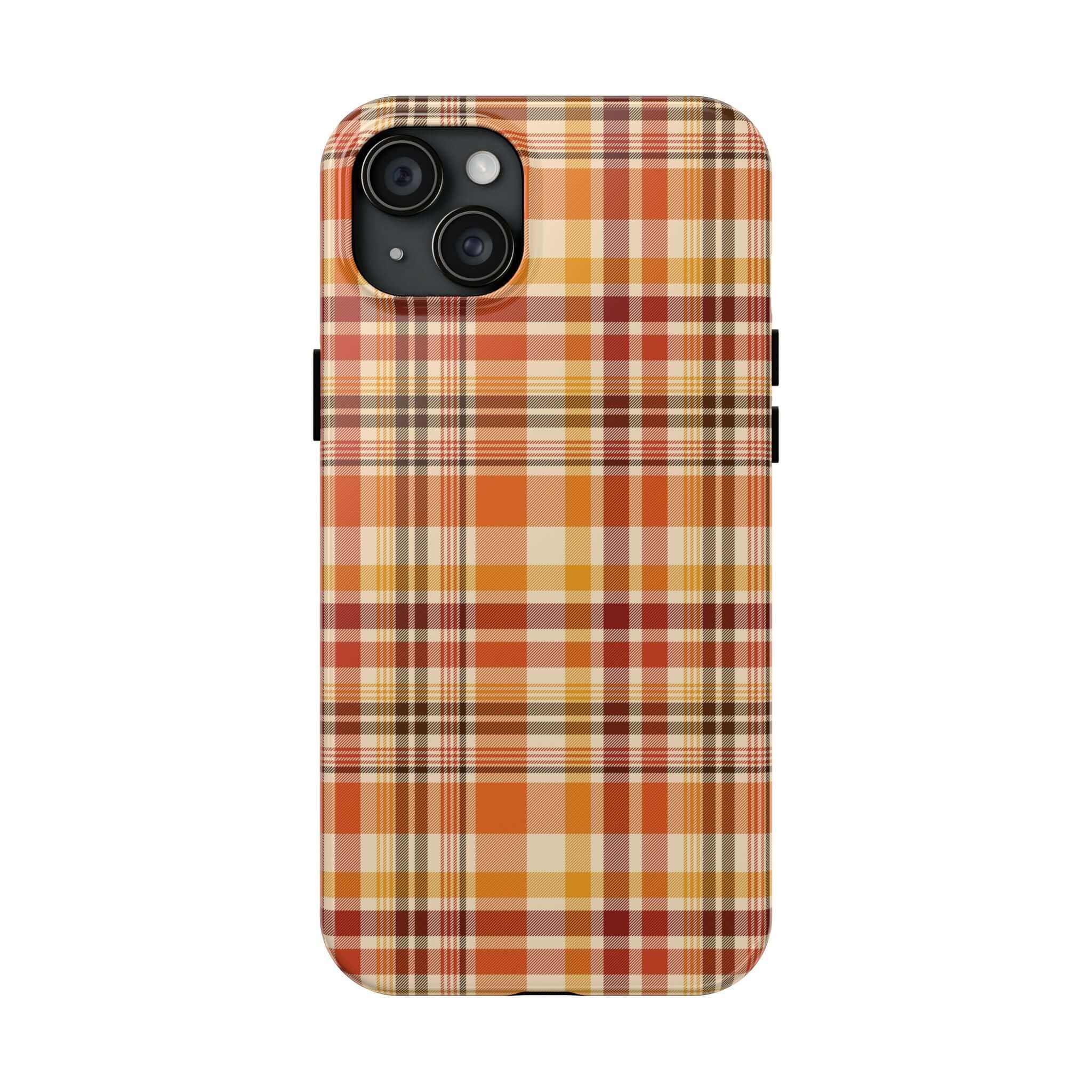 Autumn Air plaid iPhone case with fall colors, perfect for Halloween and autumn seasons, cute and stylish phone cover.