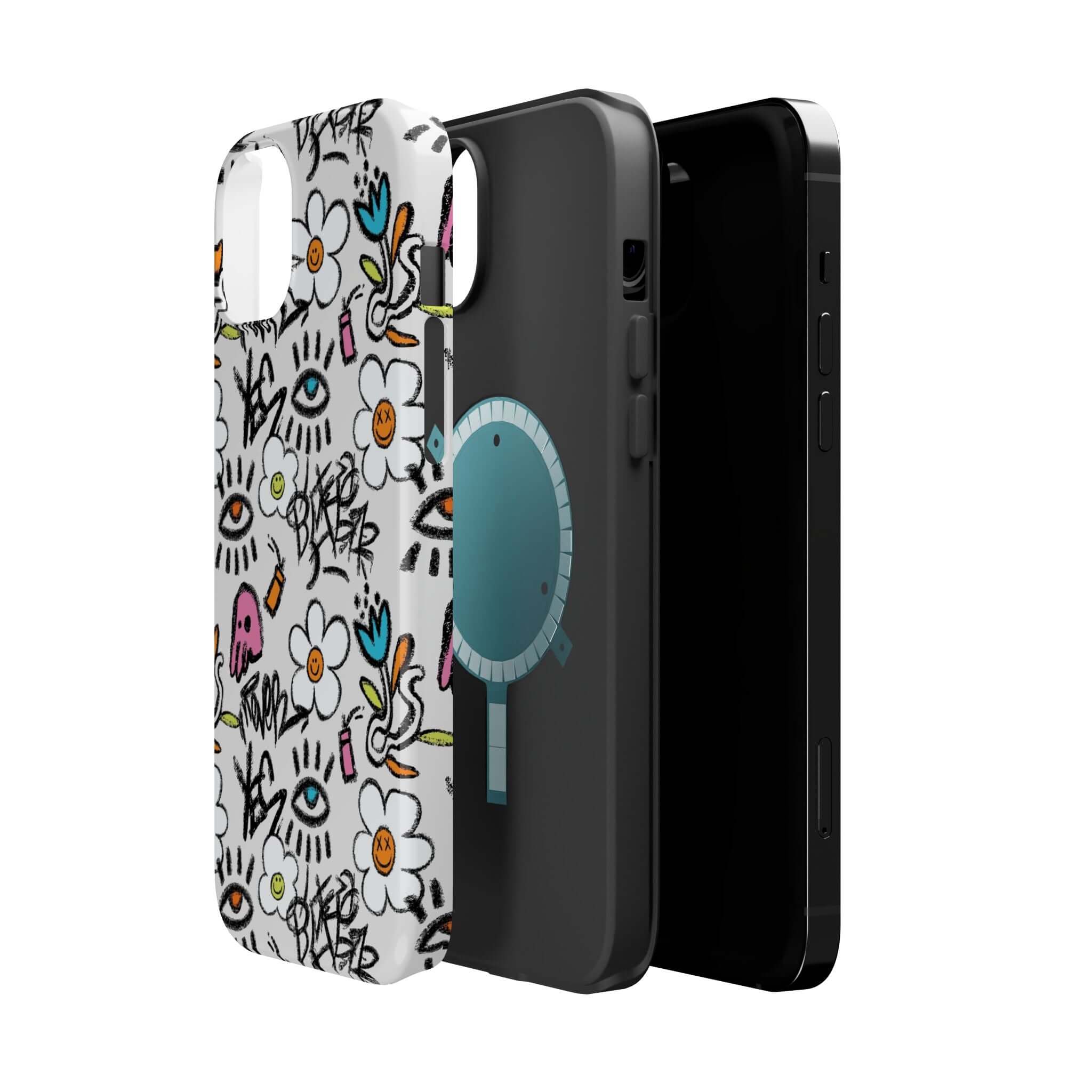 Happy Chaos Floral Graffiti Case for iPhone with vibrant colors and playful designs, showcasing a cute phone cover style.