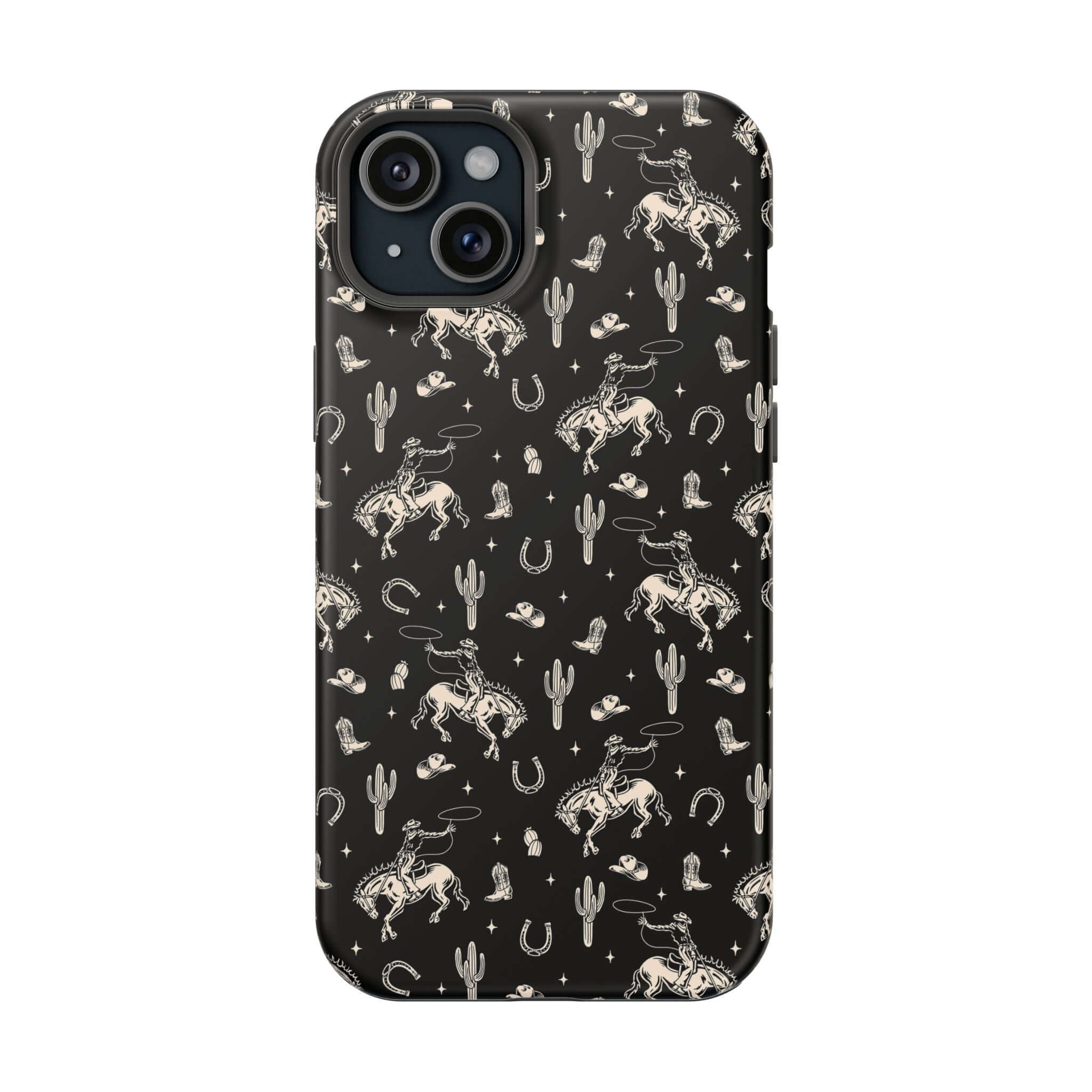 Black Western iPhone case with cute cowgirl design, featuring cacti and horses. Cute iPhone case with free shipping.