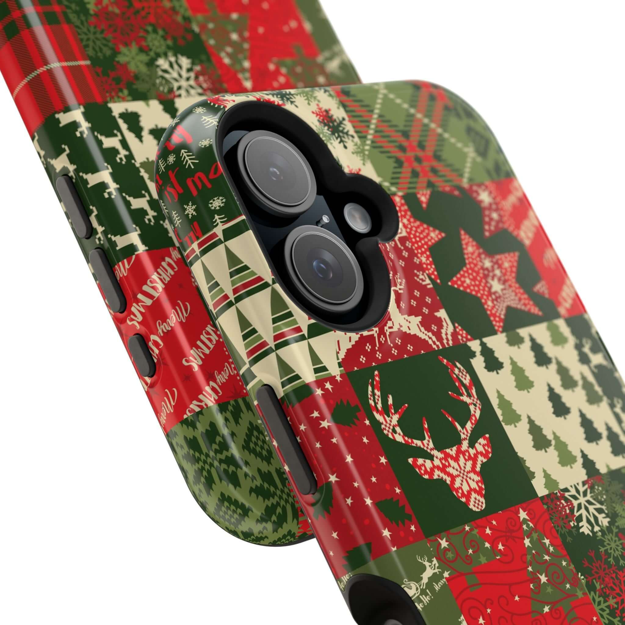 Cozy Quiltmas MagSafe case with festive red and green holiday design featuring reindeer, perfect Xmas phone cover for Christmas.