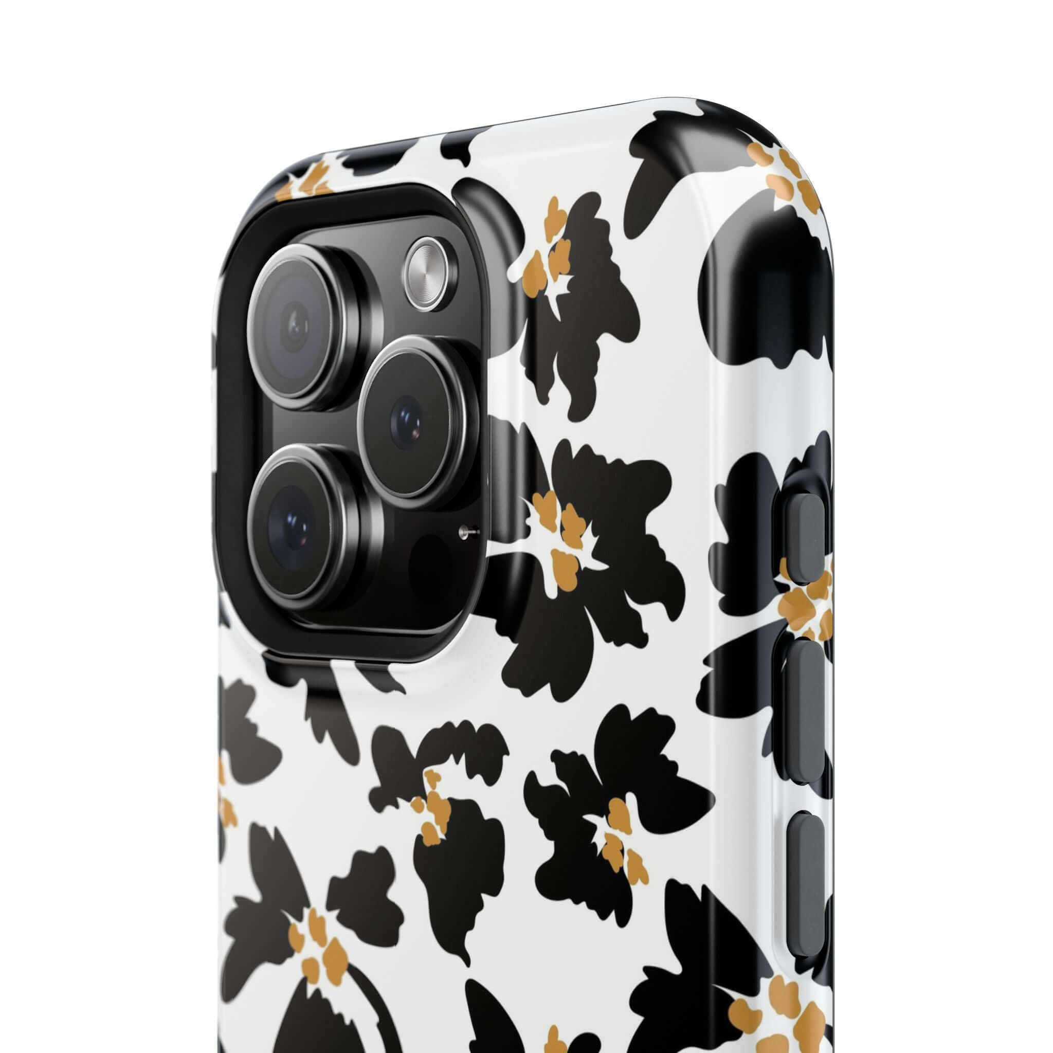 Modern Noir Flora Black Floral Case with cute animal print design, stylish protective iPhone MagSafe case for fashion-forward users.