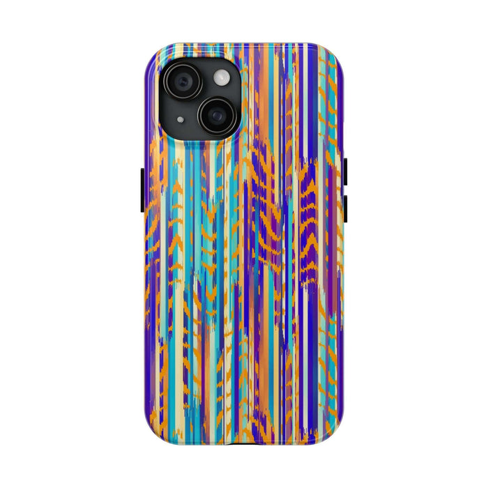 Colorful iPhone case with abstract tie dye design featuring blue, orange, and purple stripes. Cute phone case for unique style.