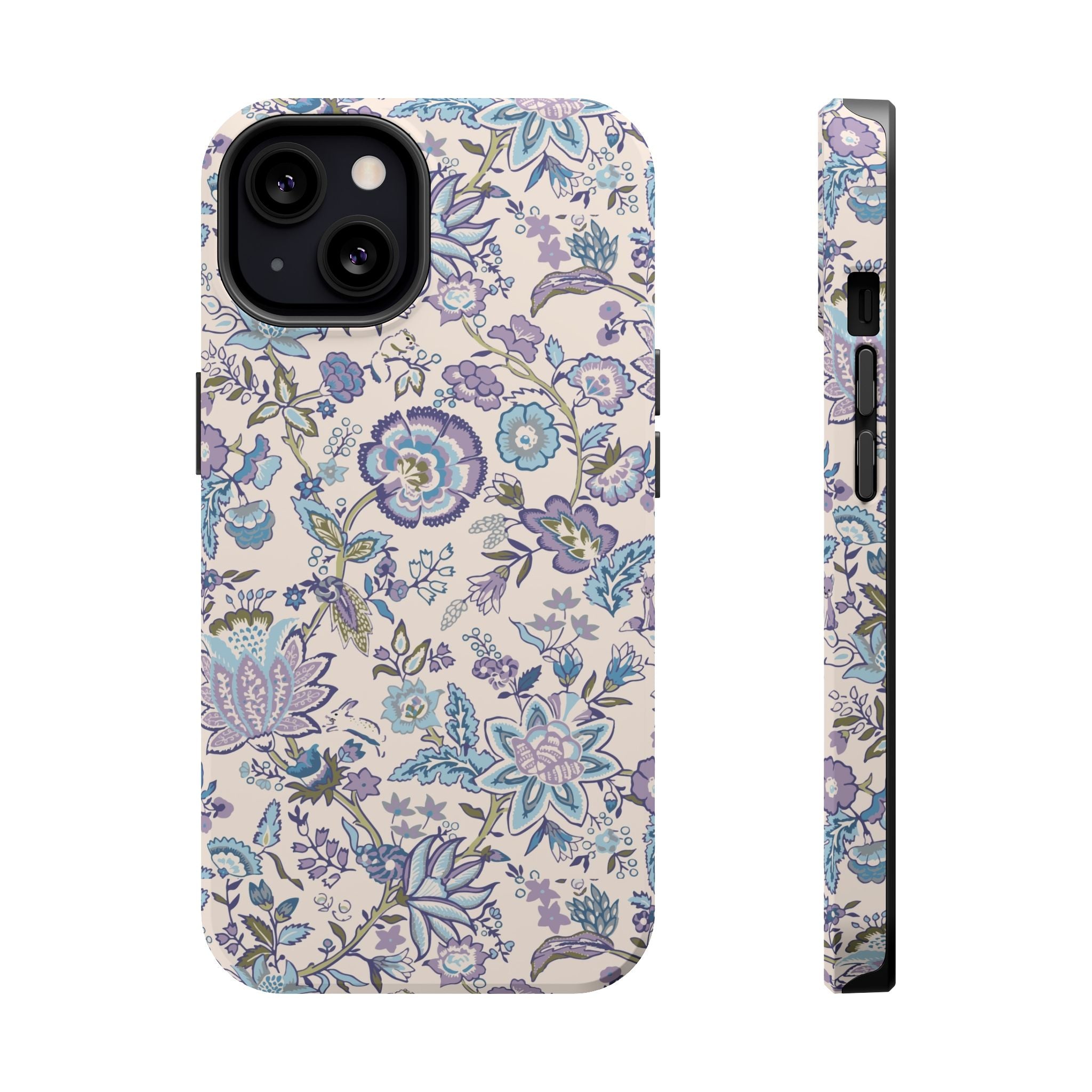 Blue CottageCore MagSafe iPhone case with floral design, a cute phone cover for nature lovers.