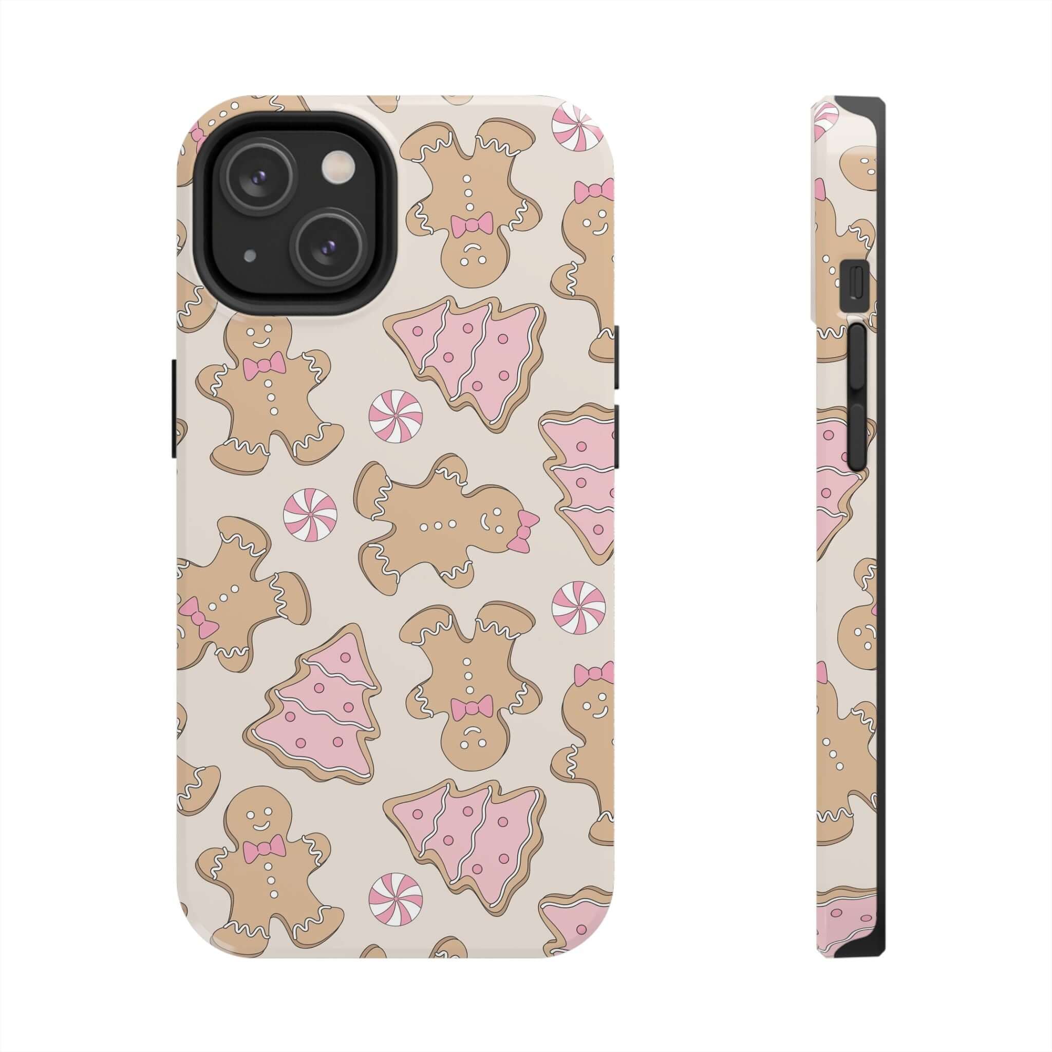 Cute Gingerbread Girlie Christmas iPhone case with festive gingerbread and tree patterns, perfect holiday phone cover.